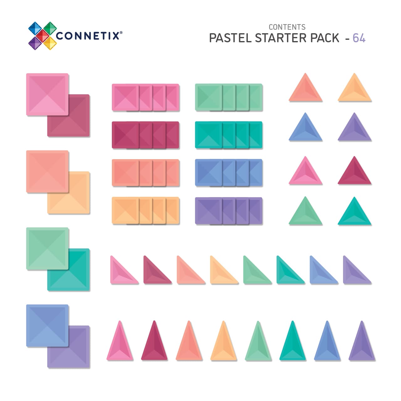 Connetix Magnetic Tiles Pastel 64 Piece Starter Pack - STEM Educational Building Toys for Kids, Creative Construction Playset for Preschool Learning & Home Playroom Activities