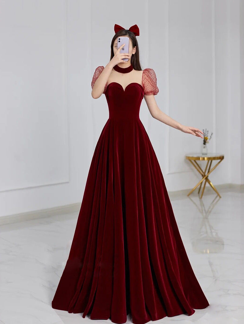 Elegant Burgundy A-Line Velvet Prom Dress with Puff Sleeves - Formal Evening Gown for Homecoming, Winter Ball & Special Occasions | Style 515
