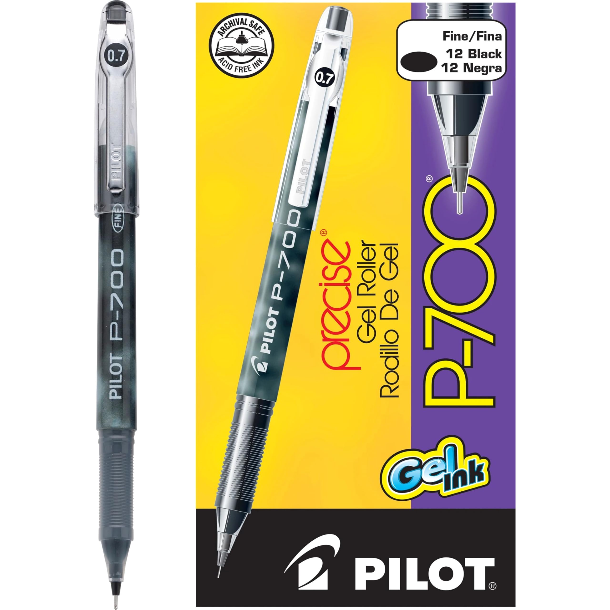 PILOT Precise P-700 Fine Point 0.7mm Gel Ink Rollerball Pens - 12 Pack Black Marbled Barrel for Office, School & Note Taking