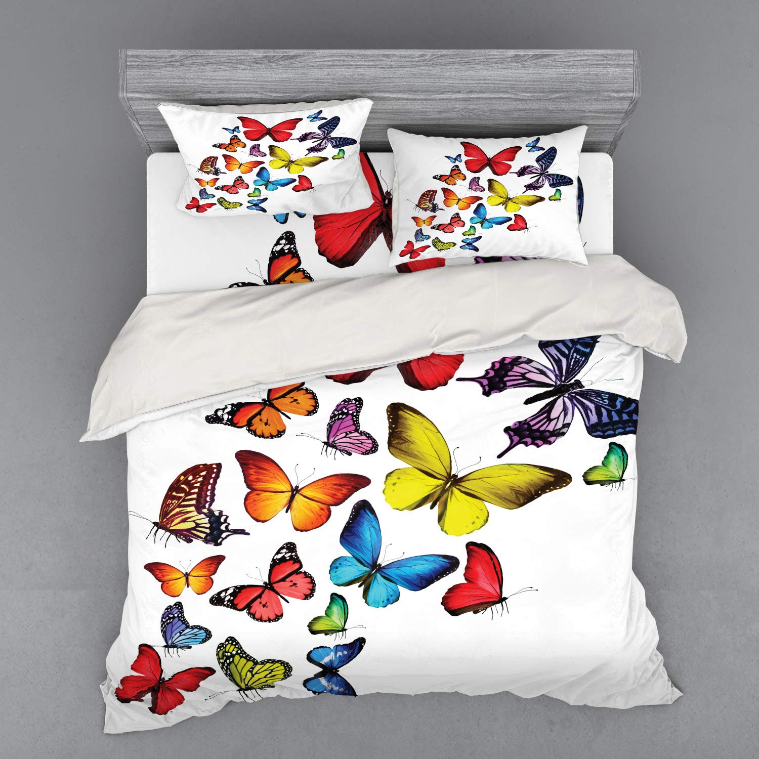 Ambesonne Butterflies Duvet Cover Set - 4 Piece King Size Bedding with Shams & Fitted Sheet | Vibrant Multicolor Butterfly & Wildflower Design | Perfect for Romantic Bedrooms, Nature-Themed Decor & Cozy Retreats