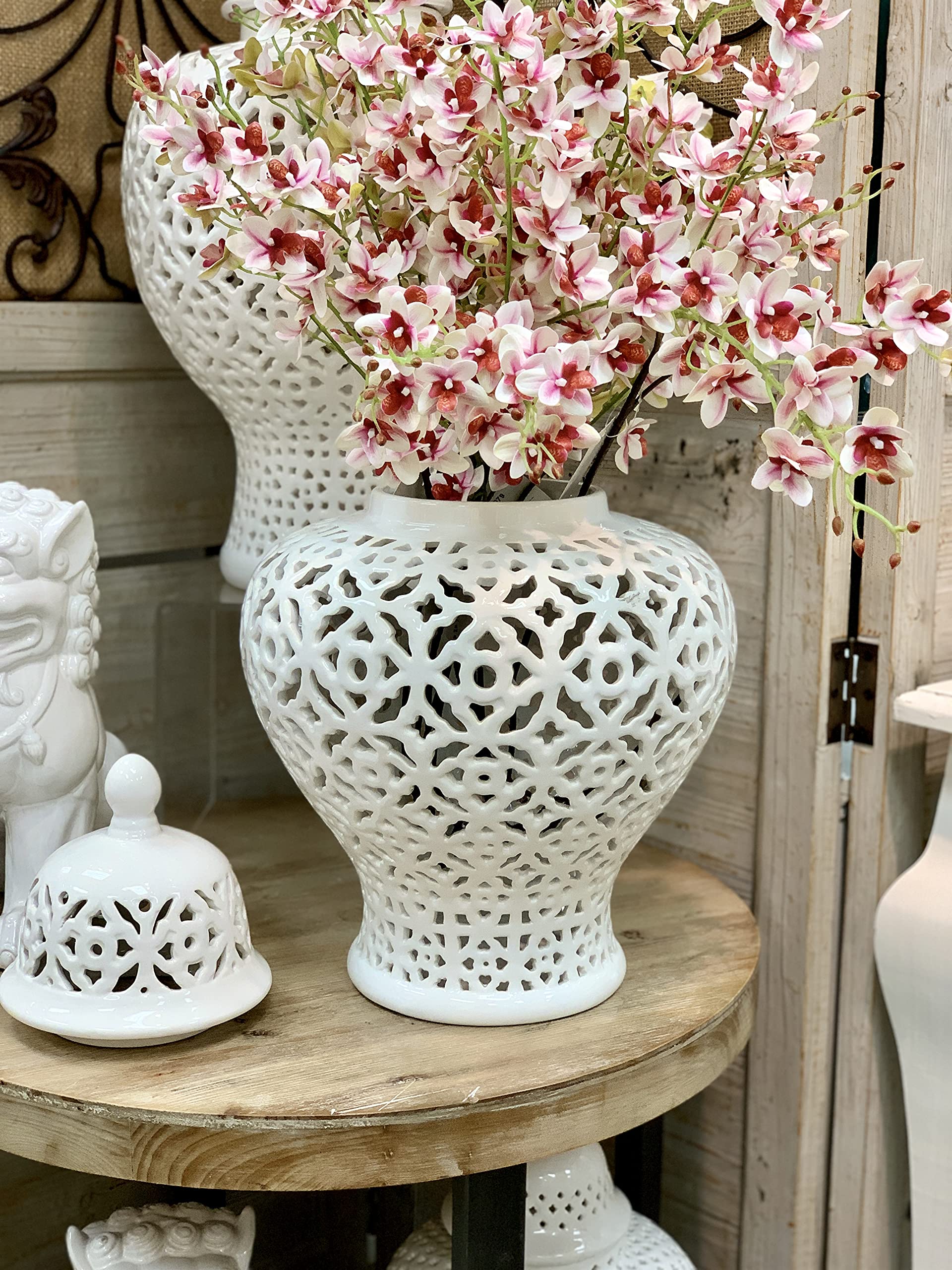 Galt International 19.5” White Lattice Ginger Jar with Lid - Mediterranean Inspired Decorative Vase - Handcrafted Home Decor for Living Room, Kitchen, Dining Table & Entryway - Perfect for Floral Arrangements & Stylish Interior Design