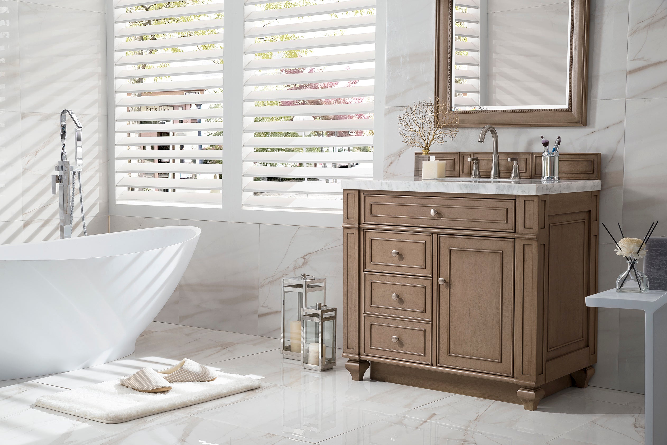 Bristol 36 Inch Single Bathroom Vanity in Whitewashed Walnut with 3CM Arctic Fall Solid Surface Top - Perfect for Modern Farmhouse & Coastal Style Bathrooms