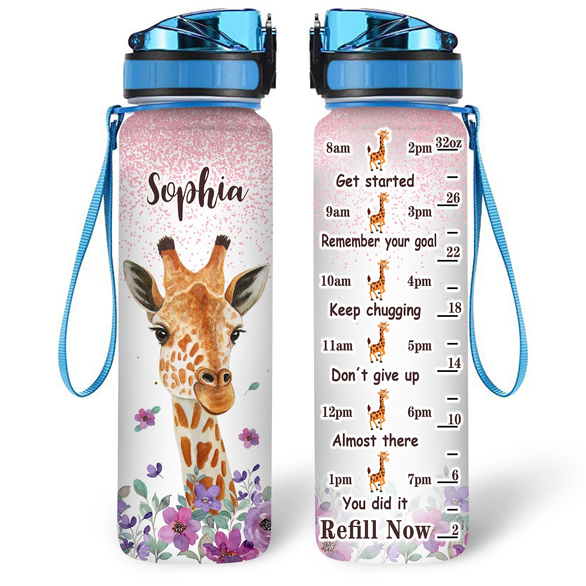 Personalized Giraffe Motivational Water Bottle - 32oz Custom Name Yoga Gift for Women | Christmas, Birthday Present for Mom & Girls | Gym, Yoga, Work, School Hydration