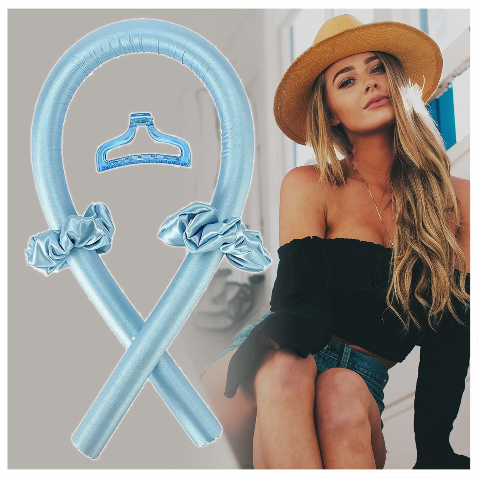 GDFHOMER Silk Heatless Curling Headband for Long Hair - 75cm No Heat Hair Curler Ribbon for Overnight Waves & Natural Curls (Blue) - Perfect for Home, Travel & Everyday Styling