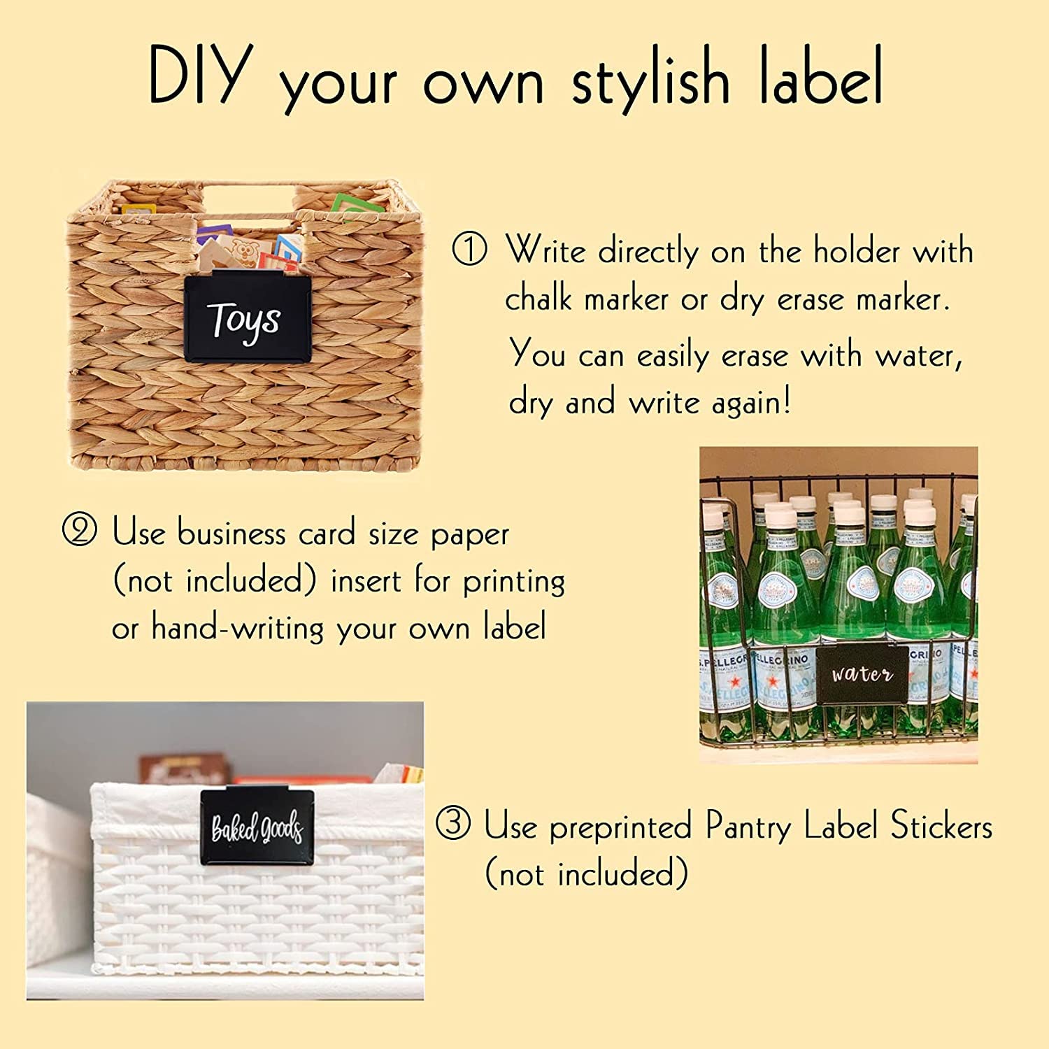 Metal Pantry Basket Labels with Chalkboard Clips - 30 Black Holders + 4 White Chalk Markers for Kitchen Organization & Storage Bin Labeling - Perfect for Pantry, Spice Jars, and Home Organization