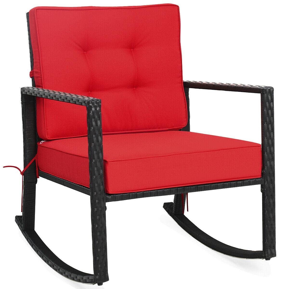 Patio Rattan Rocker Chair - Outdoor Glider Wicker Rocking Chair with Red Cushion - Comfortable Mikalo Chair for Porch, Garden, and Camping Relaxation