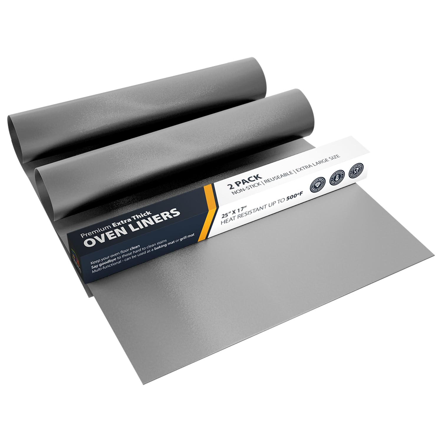 Non-Stick Oven Liners for Bottom of Oven - 2 Pack Heavy Duty Reusable Baking Mats (17”x25”) - BPA & PFOA Free for Electric, Gas Ovens, Toasters & Grills - Easy Clean Kitchen Accessory for Baking, Roasting & Broiling (Silver)