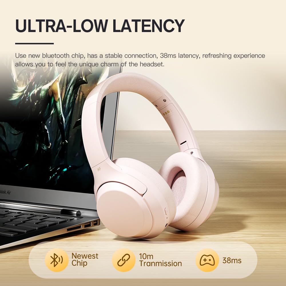iKF T1 Pro Wireless & Wired Bluetooth Headphones with Noise Cancelling Mic, 100H Playtime, Hi-Fi Stereo Bass, Dual Device Pairing for iOS/Android - Perfect for Workouts, Commuting & Gaming (Pink)