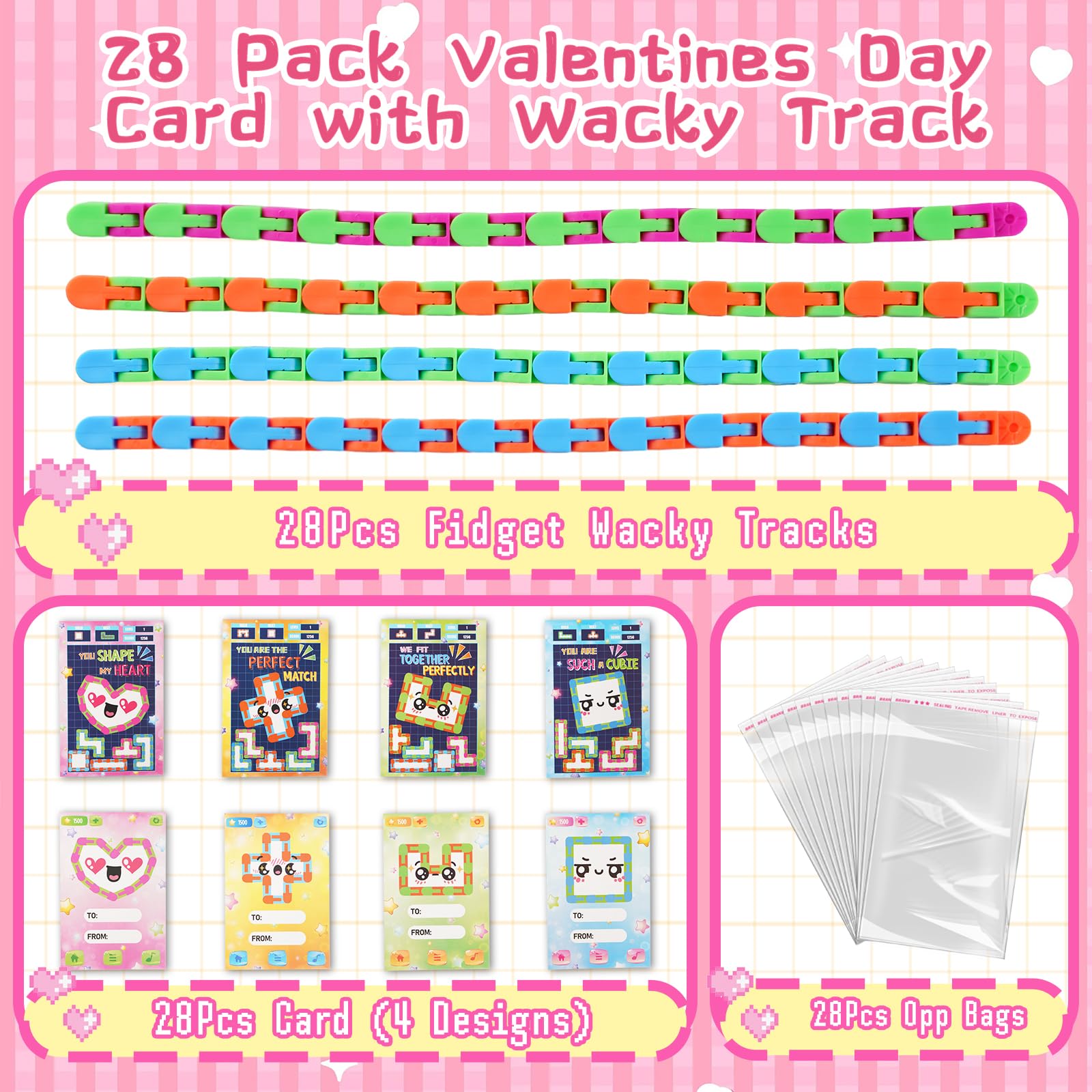 28 Pcs Valentine's Day Cards with Wacky Tracks Fidget Toys - Classroom Gifts for Kids, Sensory Stress Relief Toys, Party Favors for School Exchange & Valentine's Celebrations - Perfect for ADHD Focus, Anxiety Relief & Classroom Rewards