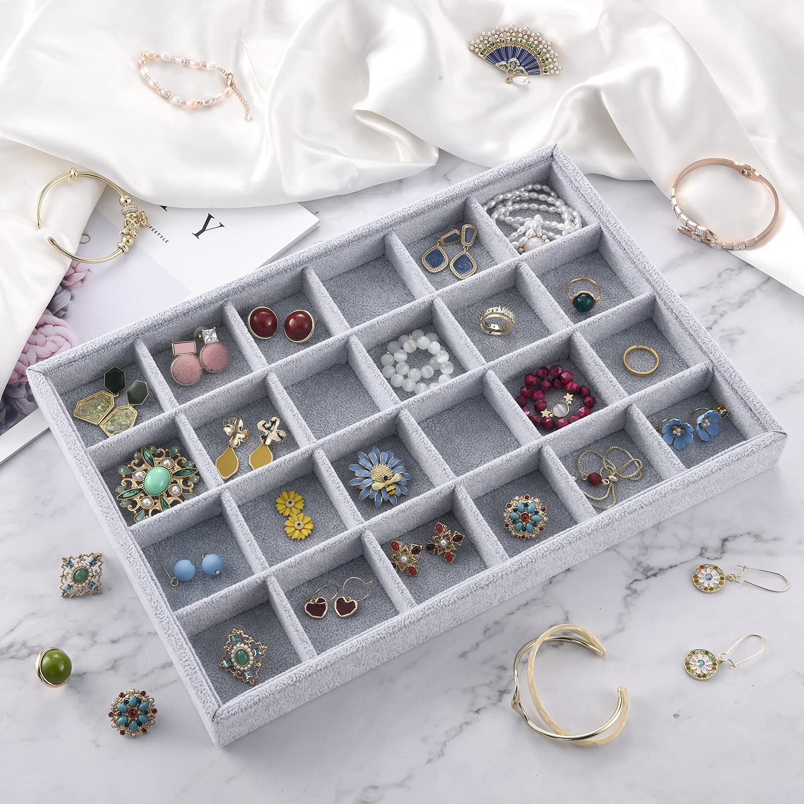 Ice Gray Plush Velvet Stackable Jewelry Display Trays - 24 Grid Jewelry Organizer Storage Box for Rings, Earrings & Necklaces - Perfect for Boutique, Jewelry Store & Home Vanity Display