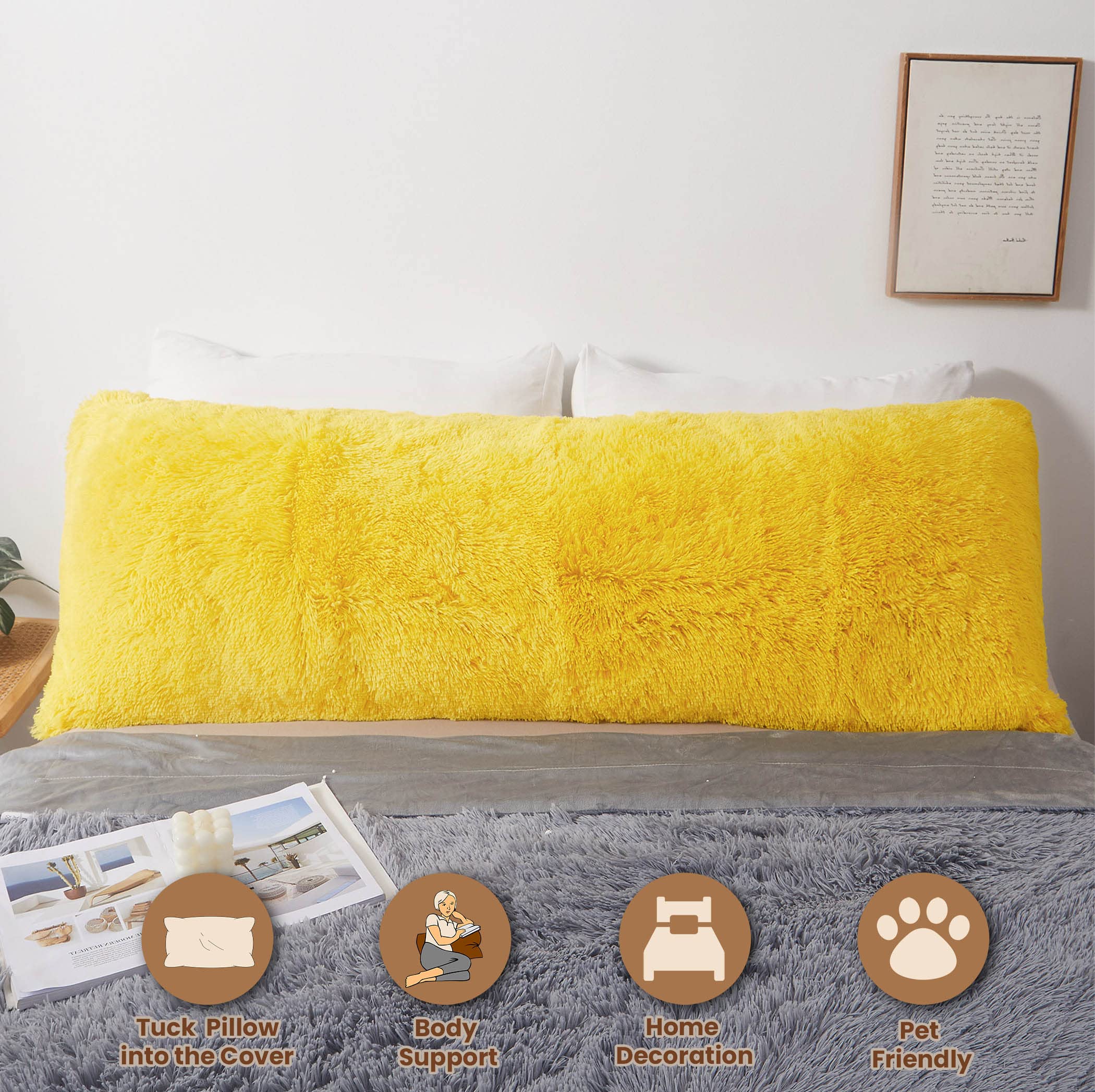 Luxury Fluffy Body Pillow Cover 20x54 Inches - Soft Shaggy Faux Fur Pillow Case with Zipper Closure - Plush Decorative Hug Pillow for Bedroom, Couch & Dorm - Yellow Furry Long Bed Pillow for Comfort & Style
