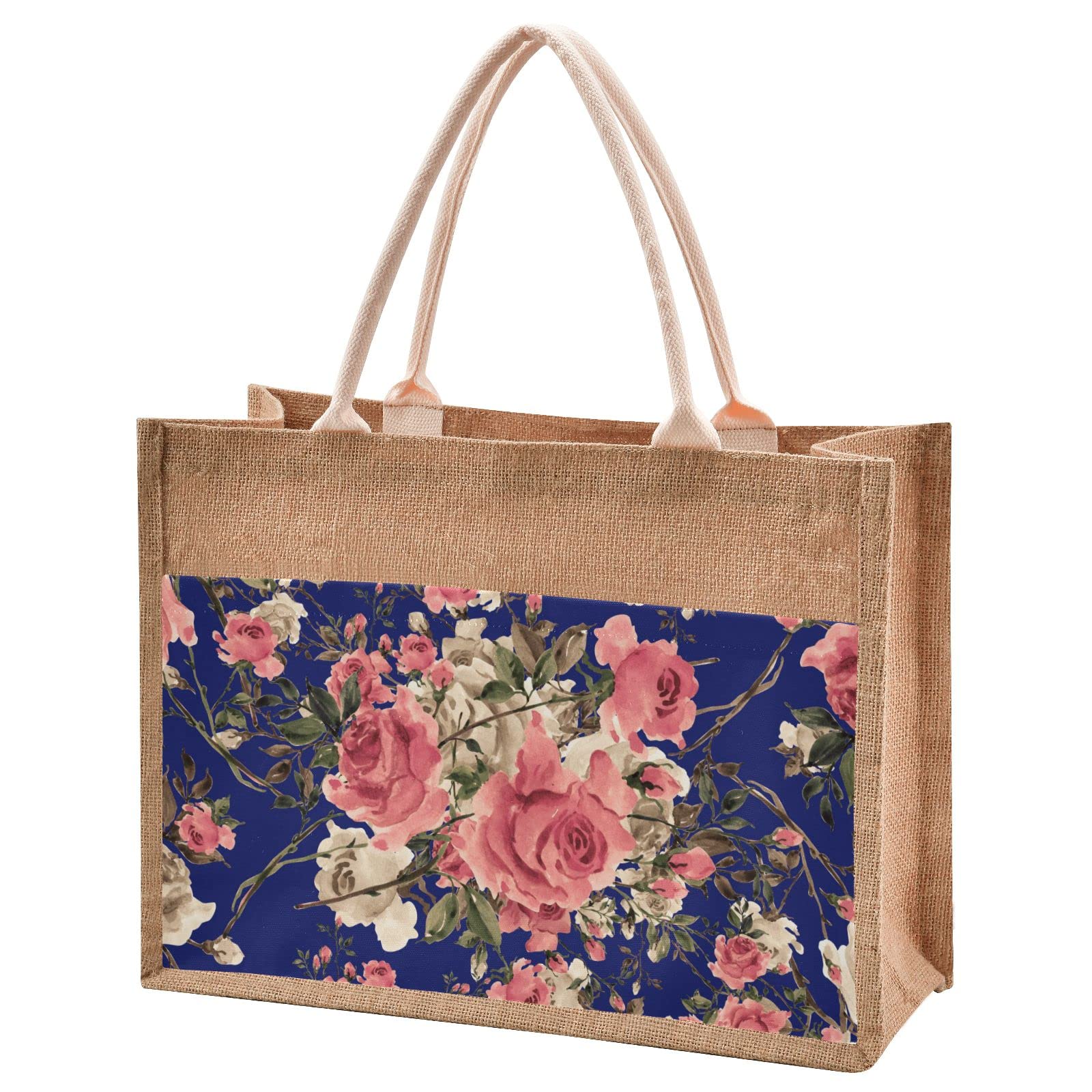 Vintage Roses Jute Tote Bag - Waterproof Eco-Friendly Burlap Straw Grocery Shopping Bag for Women - Perfect for Beach, Travel, Farmers Market & Everyday Use