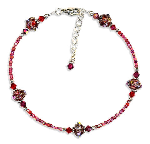Handmade Ruby Red Lampwork Bali Glass Anklet – Boho Chic Beaded Ankle Bracelet for Women – Perfect for Beach, Festival & Summer Outfits
