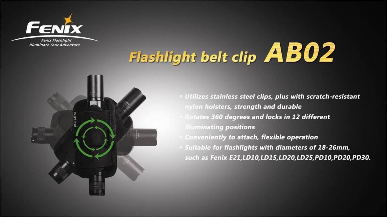 Fenix AB02 Belt Clip Holster - Secure & Adjustable Flashlight Holder for Tactical, Outdoor, and Everyday Carry (EDC) - Perfect for Hiking, Camping, and Emergency Use