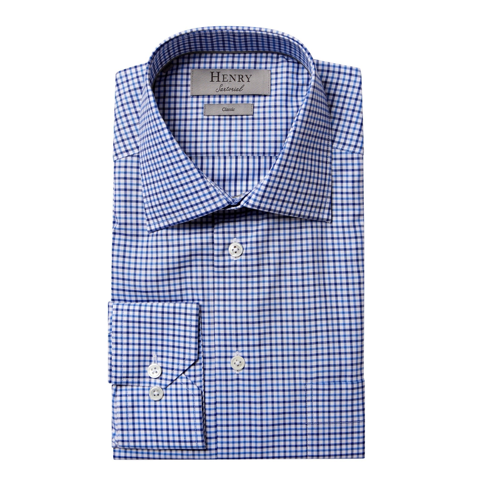 HENRY SARTORIAL Men's Casual Check Button Down Shirt - Navy Blue & White Plaid Flannel Shirt for Work, Office, and Everyday Wear
