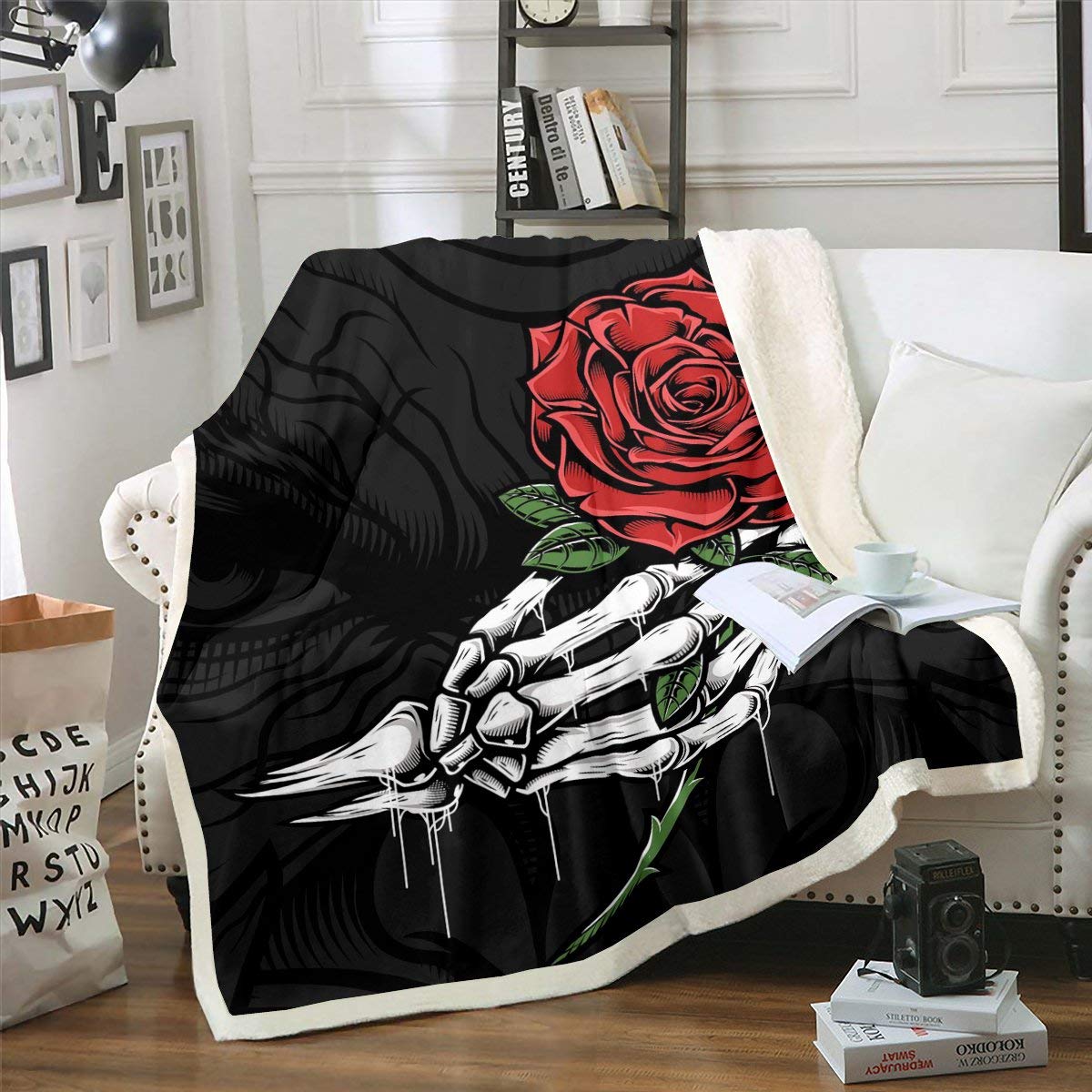 3D Sugar Skull Sherpa Fleece Throw Blanket - Rose Floral Plush Blanket for Kids & Adults - Halloween Decor, Cozy Sofa Bed Couch Blanket - King Size 87x95 Inches - Perfect for Gifts, Dorm Rooms & Winter Nights