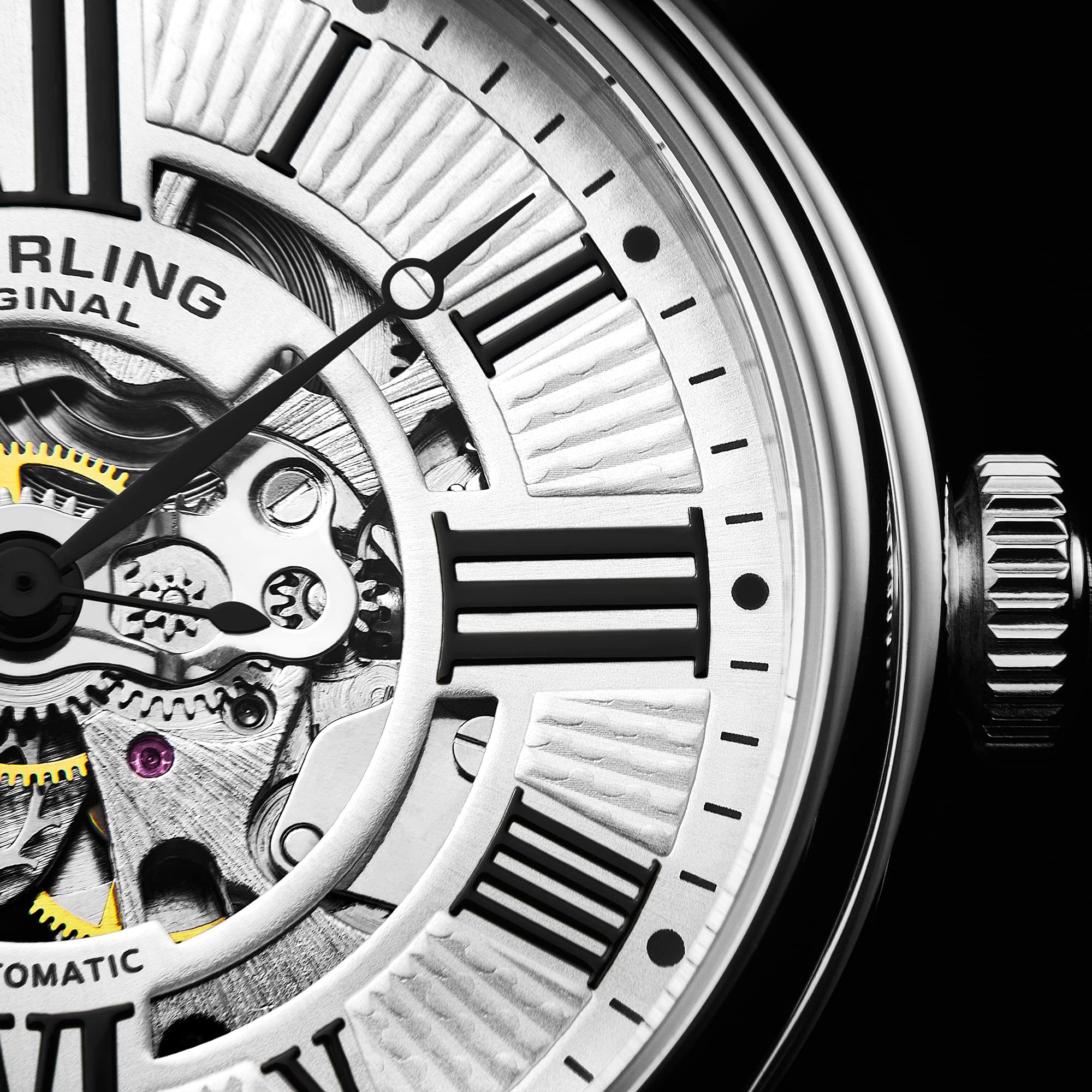 Stuhrling Atrium Men's Automatic Skeleton Watch - Silver Dial, Stainless Steel Bracelet with Roman Numerals, Exhibition Case Back - Perfect for Business, Formal Events & Luxury Gift Giving