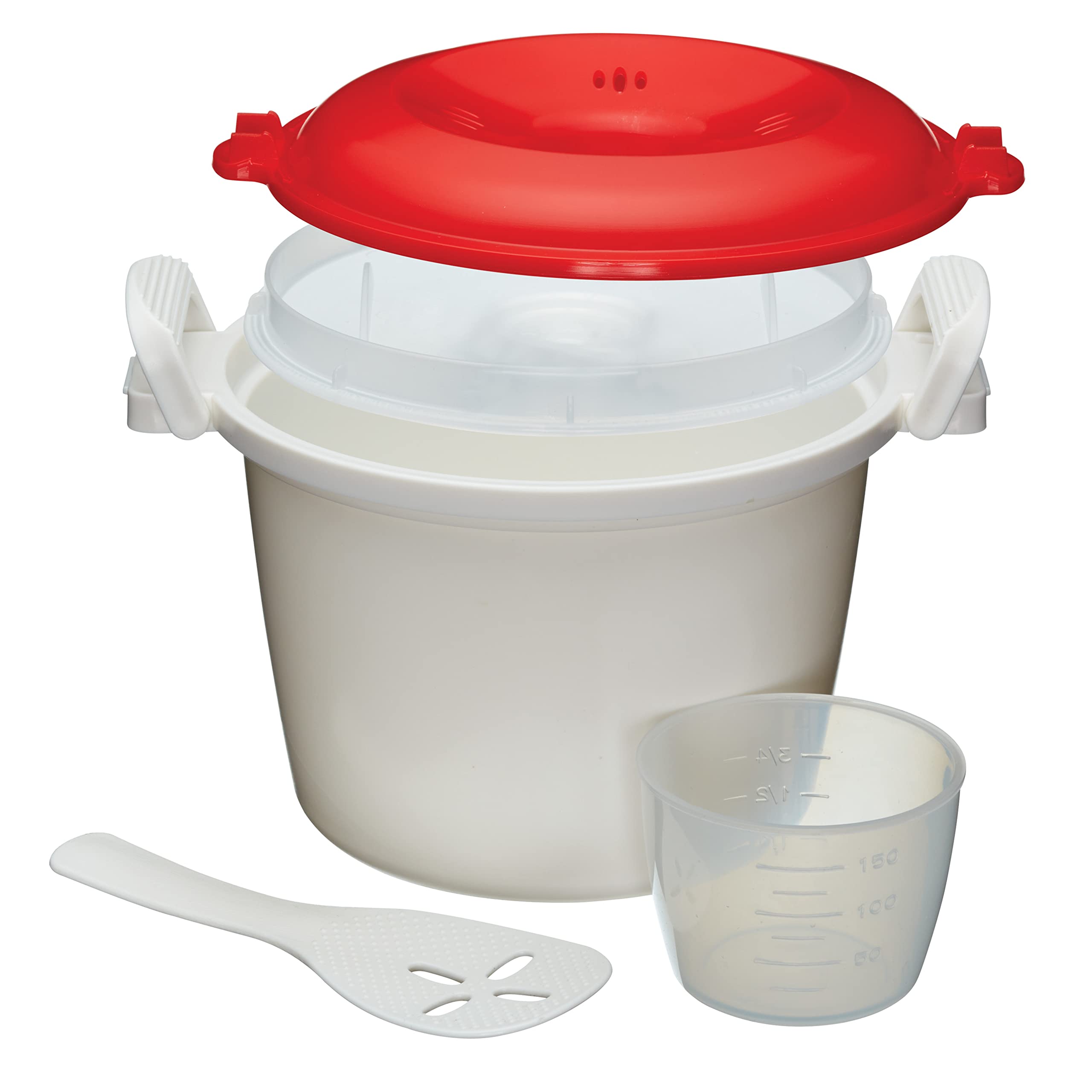KitchenCraft 1.5L BPA-Free Microwave Rice Cooker & Steamer - White/Red - Perfect for Quick Meals, Dorm Cooking & Healthy Meal Prep