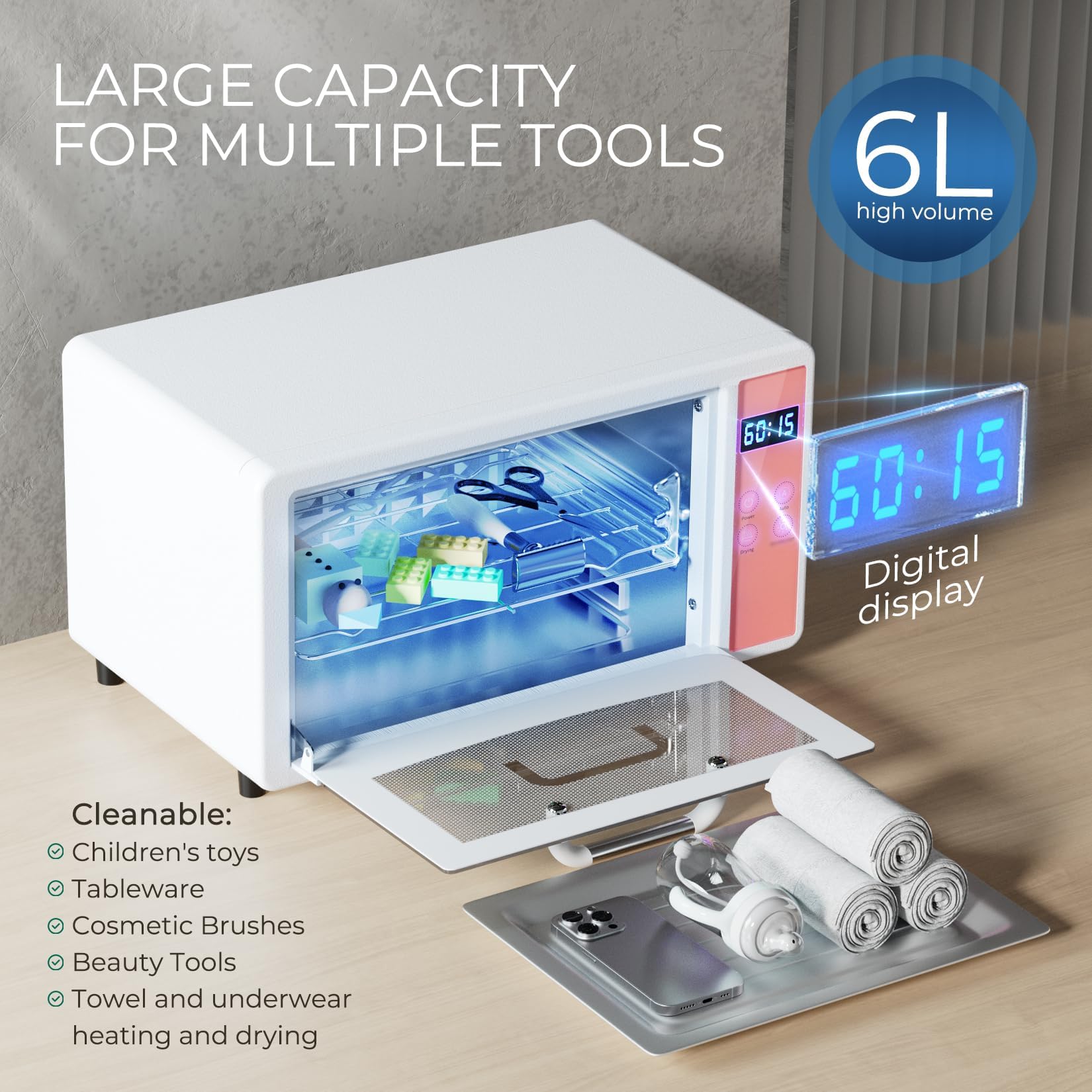UV Light Nail Tool Cleaning Machine - 6L 110V 160W Dry Heat Sanitizer Cabinet for Manicure & Barber Salon Tools | Professional UV Sterilizer for Nail Files, Clippers & Beauty Equipment | Perfect for Salon Hygiene & Home Use