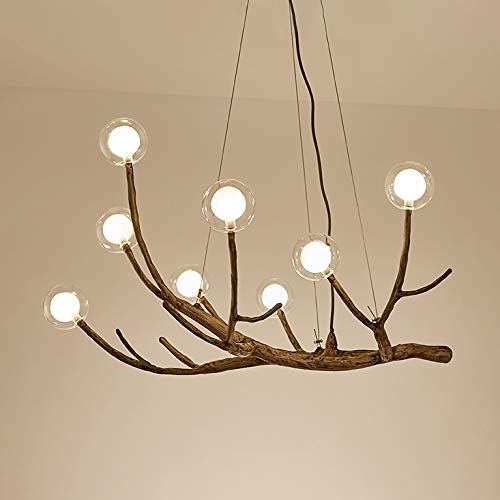 Modern Adjustable Wood Branch LED Chandelier - 24W 8-Light Glass Globe Pendant Fixture with White Bulbs Included - Perfect for Living Room, Dining Room, Restaurant & Bar Lighting