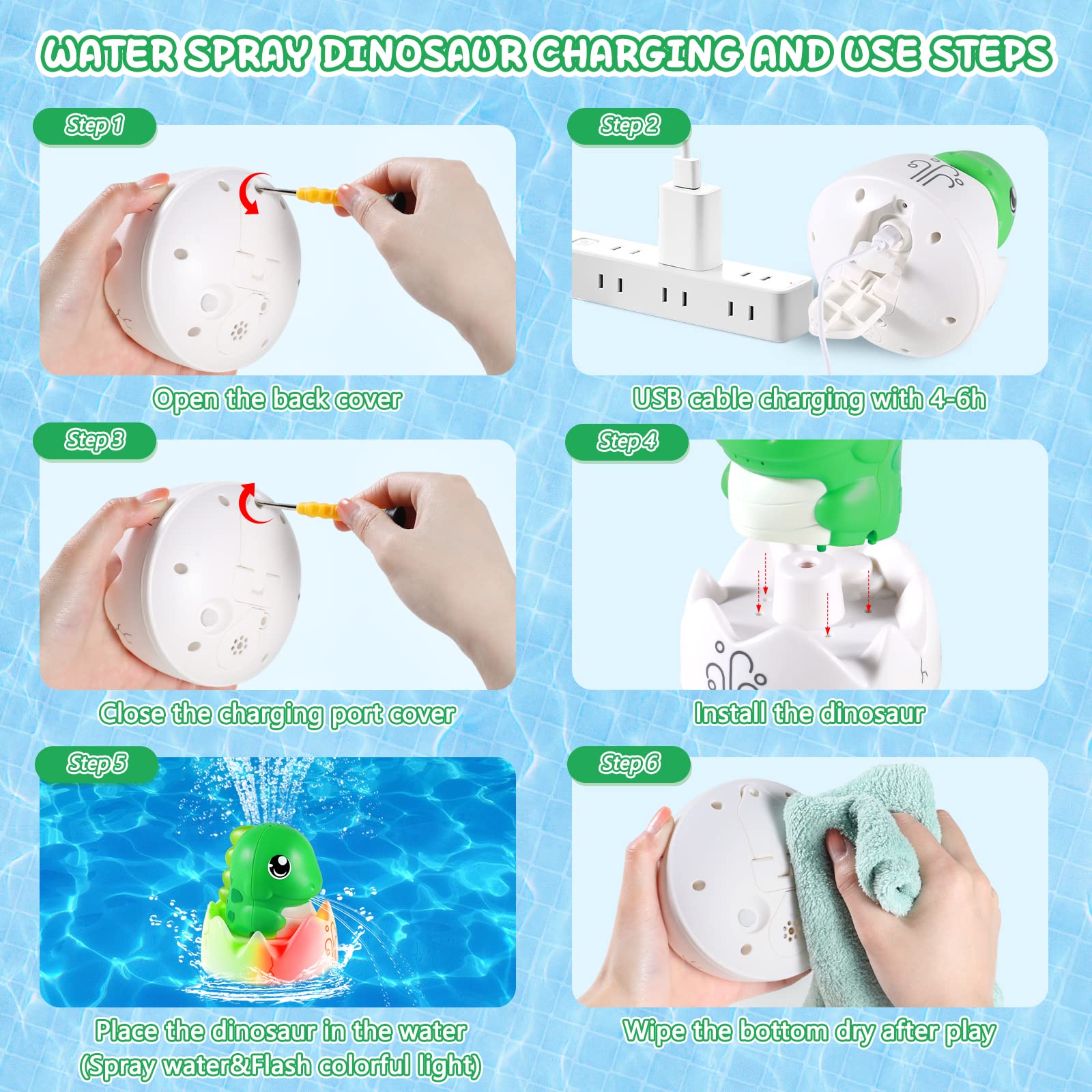 Rechargeable Baby Bath Toys - Funny Water Squirting Dinosaur Bath Toys with LED Lights, 1200mAh Long-Lasting Battery (150+ Minutes) - Toddler Bathtub Toys for Boys & Girls, Summer Pool Bathroom Toys (Dark Green) | Perfect for Bath Time Fun, Sensory Play & Summer Water Activities