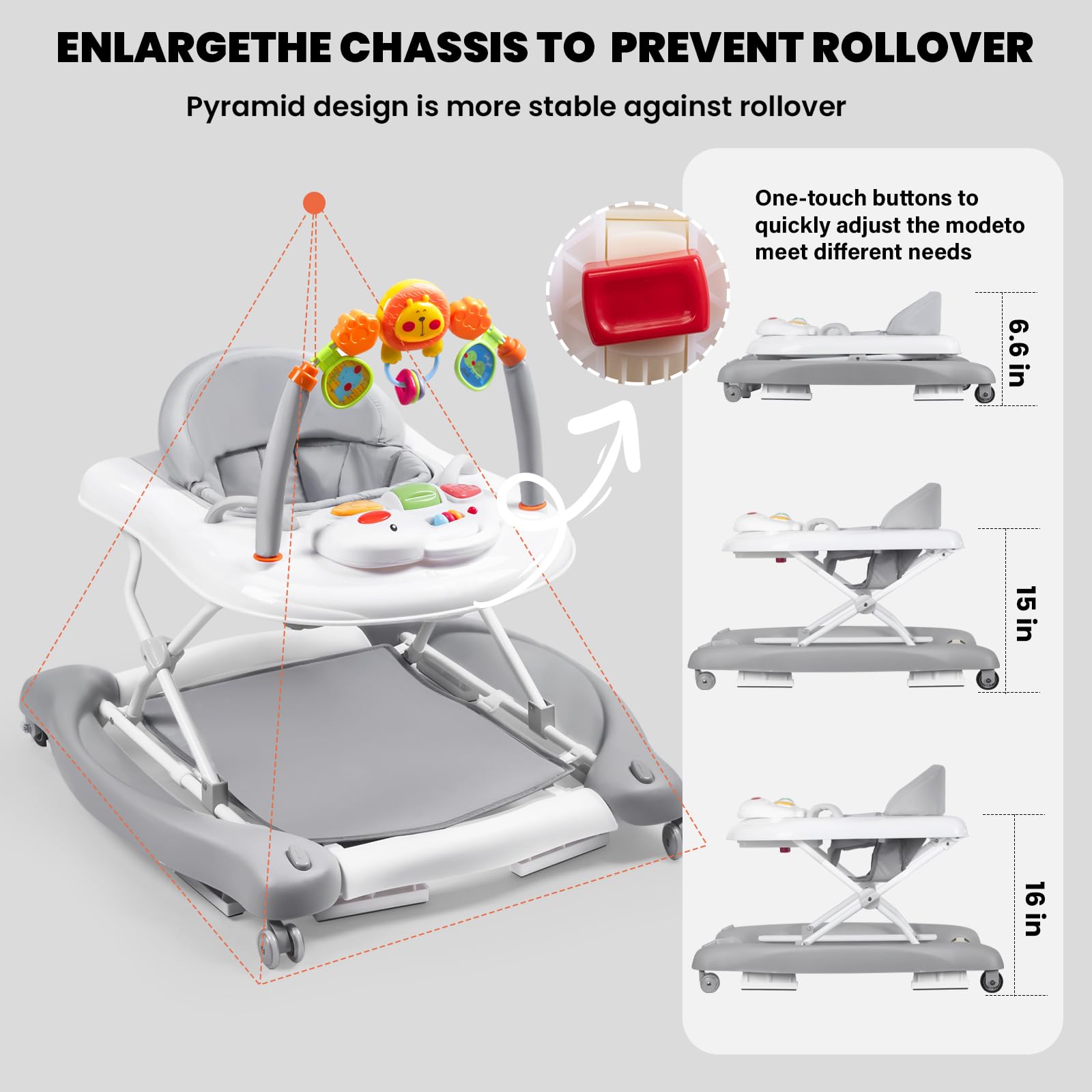 5-in-1 Baby Walker for Boys & Girls 6-18 Months - Adjustable Foldable Activity Walker with Bouncer, Removable Footrest, Feeding Tray & Music Toys - Perfect for Learning to Walk, Playtime & Mealtime at Home or Daycare