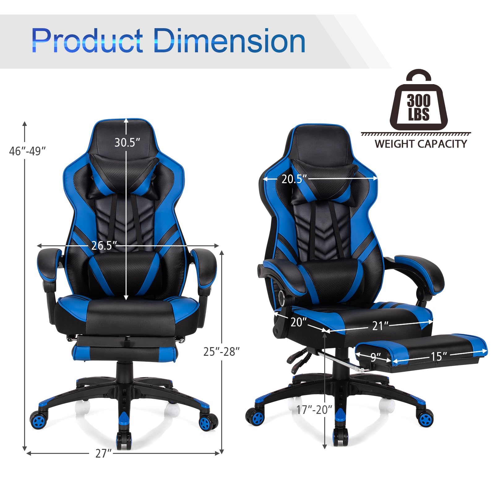 **POWERSTONE Ergonomic Gaming Chair with Footrest & Lumbar Support - Adjustable Racing Style PU Leather Computer Chair for Office & Home Gaming - Blue**    *(Perfect for Esports, Streaming, Work from Home & Long Gaming Sessions)*