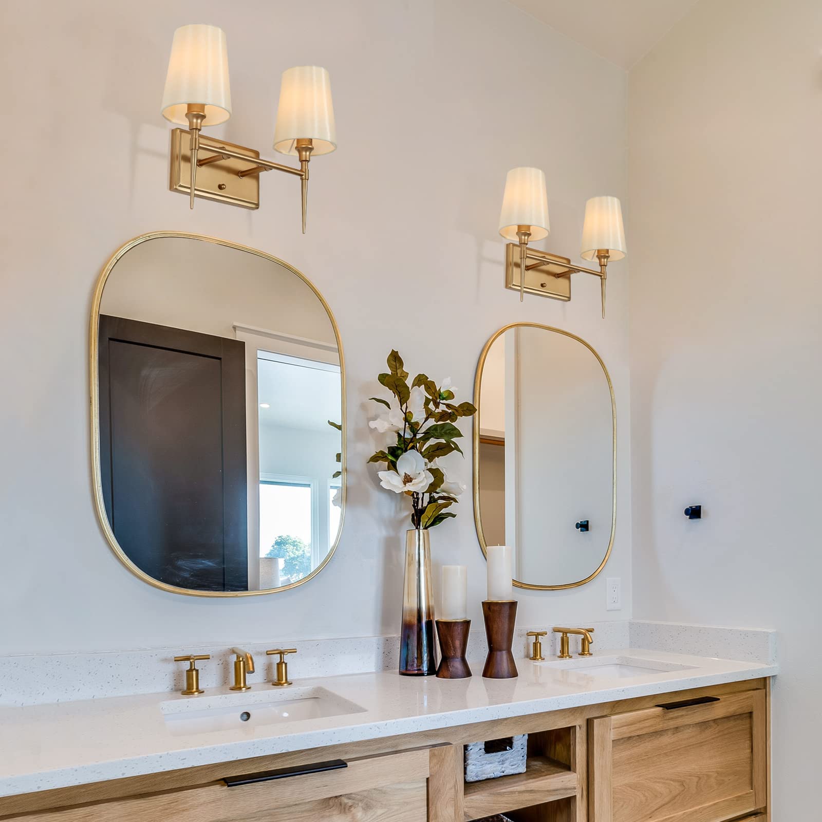 Classy Leaves 2-Light Gold Bathroom Vanity Light Fixture - Mid Century Modern Mirror Lighting with Elegant White Fabric Shade (15’’L x 6.5’’W x 12’’H) - Perfect for Bathroom, Powder Room & Dressing Area Makeup Lighting