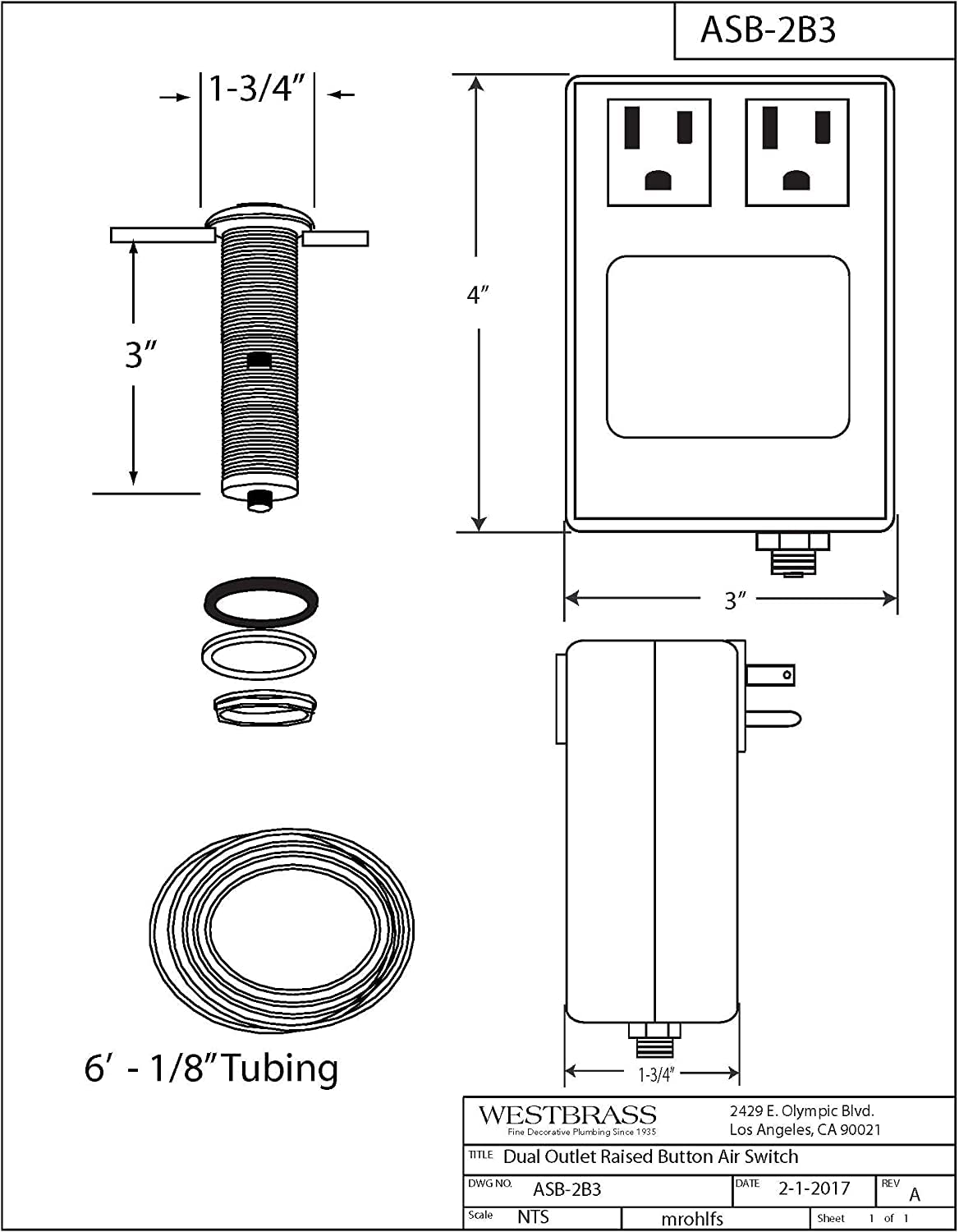 Westbrass ASB-2-07 Garbage Disposal Air Switch & Dual Outlet Control Box in Satin Nickel Finish - Perfect for Kitchen Sink & Under Cabinet Installation