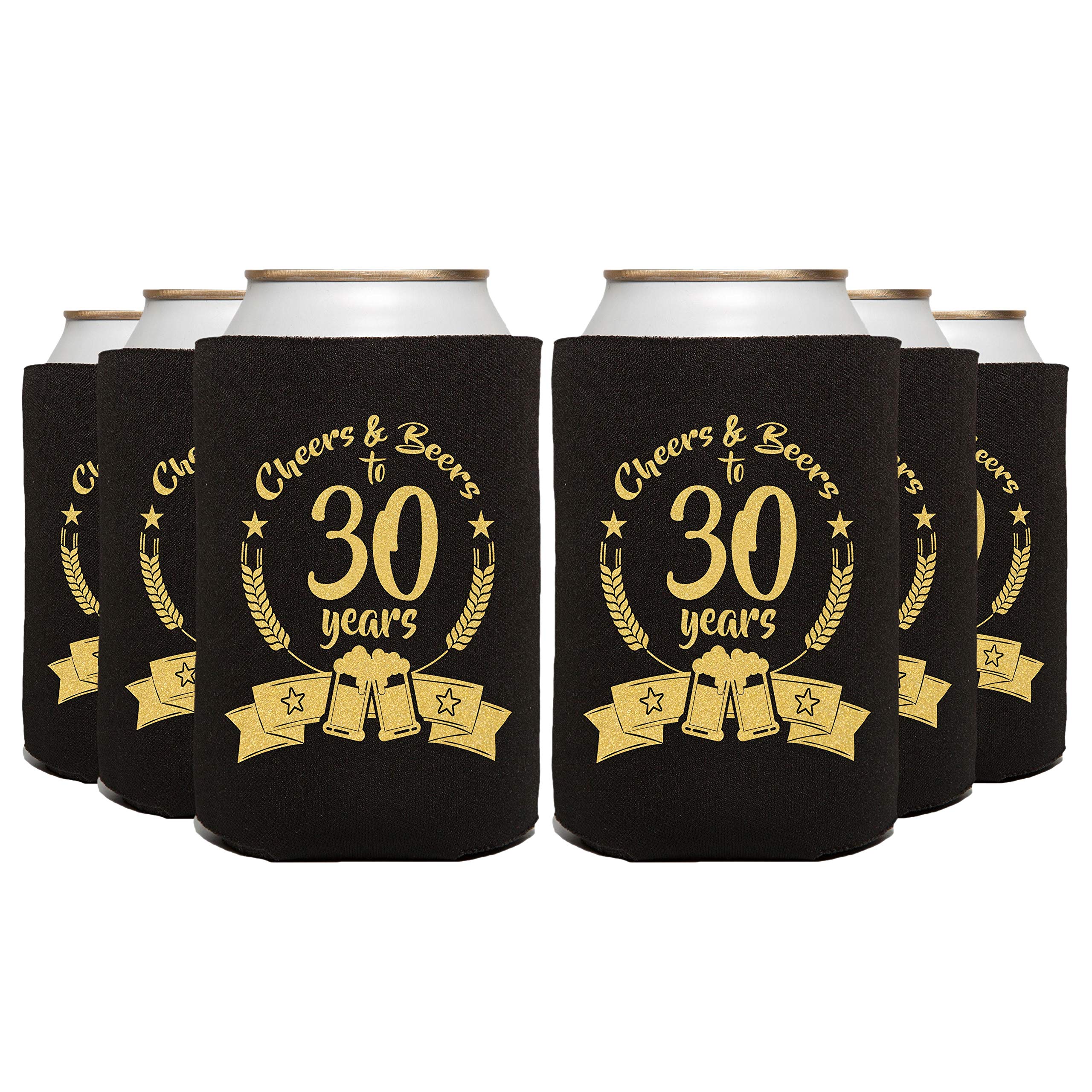 Cheers 30th Birthday Party Favor Can Coolers - Set of 12 Black Insulated Beer Sleeves - Perfect for Anniversary Celebrations, BBQs & Outdoor Events