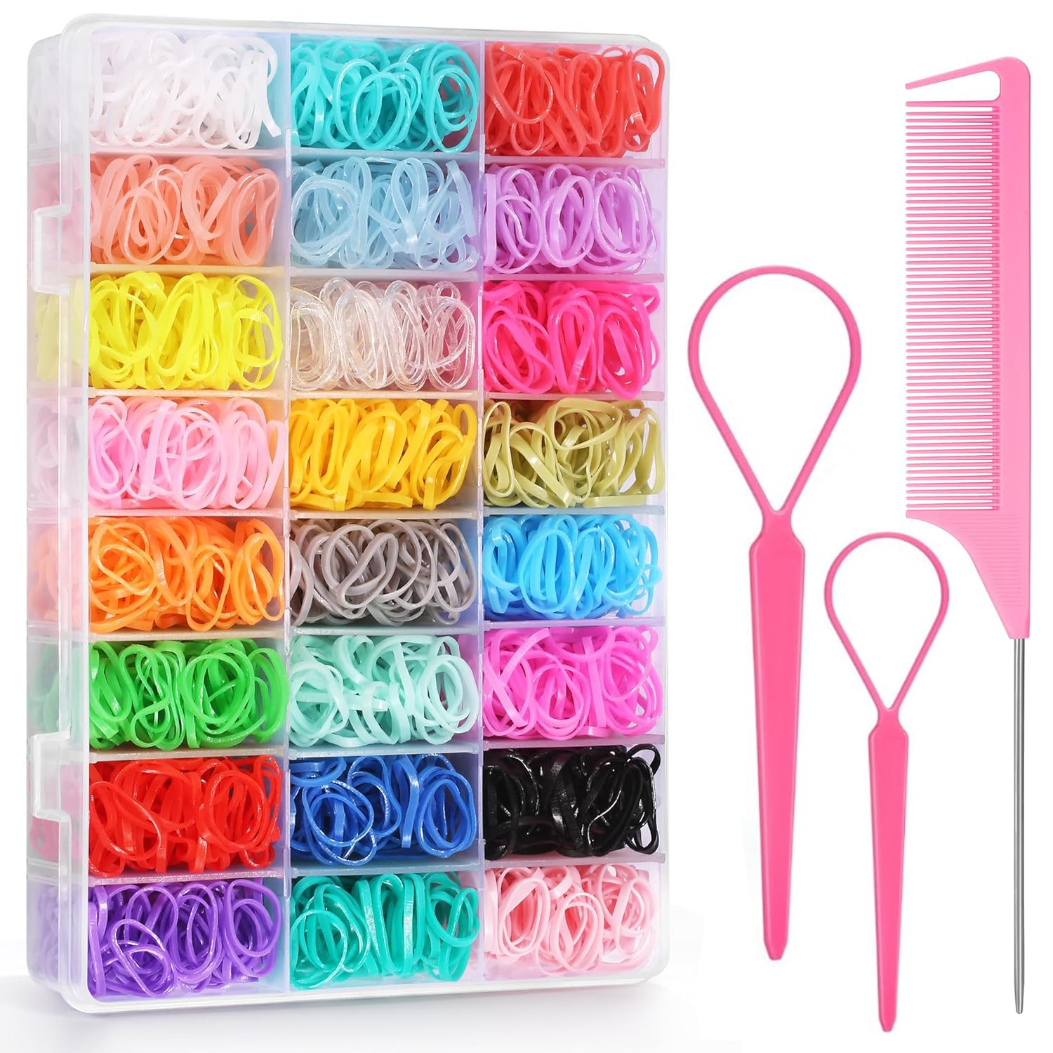 BEBEEPOO 2000 pcs Mini Hair Rubber Bands - 24 Colors Elastic Hair Ties for Girls & Babies with Organizer Box & Rat Tail Comb | Soft Small Hair Bands for Braiding, Ponytails & Hairstyling