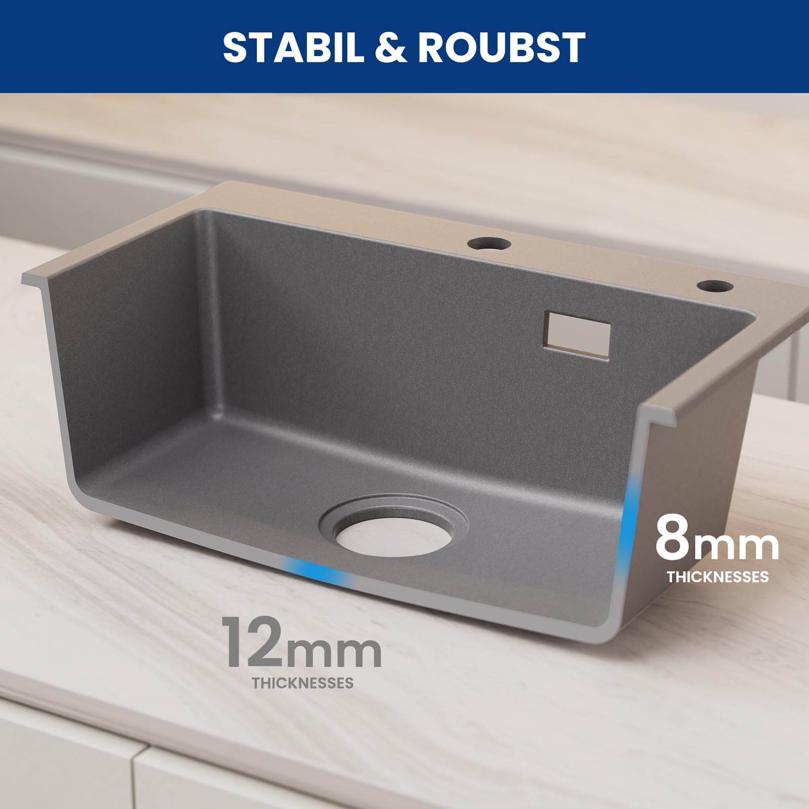 CECIPA 55 x 45 cm Grey Granite Composite Kitchen Sink - 80% Sand Quartz, Single Bowl Undermount Sink with Overflow Drain & Siphon | Perfect for Modern Kitchens, Small Spaces & Easy Cleaning