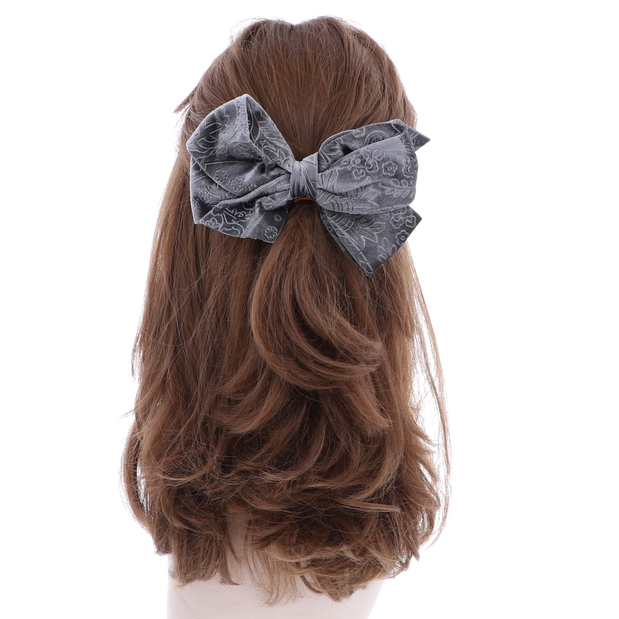 Big Velvet Hair Bow Clip With Design for Girls - Set of 3 Grey Hair Bows for School, Parties, and Special Occasions