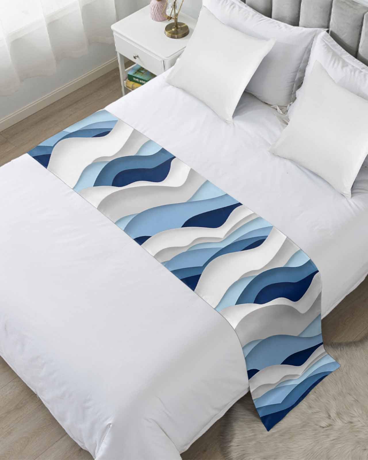 King Size Bed Runner - Blue White Ombre Geometric Moire Abstract Design Luxury Bed Scarf Throw (94