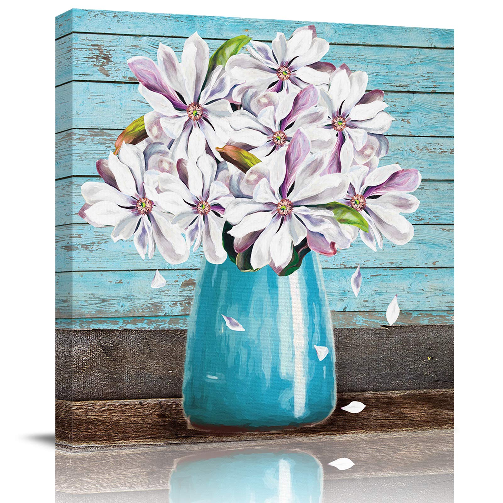 Floral Magnolia Vase Canvas Wall Art - 24x24 Inch Wooden Plank Home Decor for Living Room, Bedroom & Office - Perfect for Housewarming Gifts & Interior Design