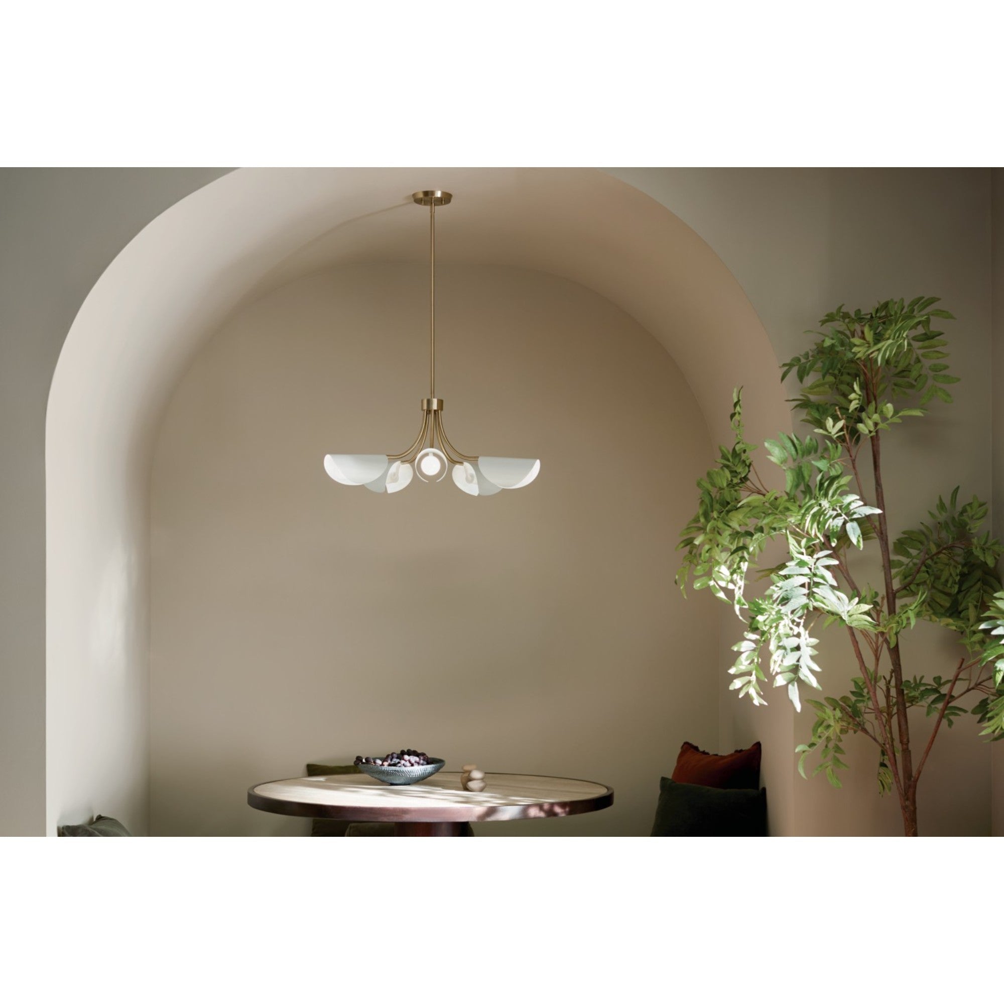Arcus 29 Inch 5-Light Champagne Bronze Chandelier with White Fabric Shade - Elegant Semi-Flush Mount Ceiling Light Fixture for Dining Room, Bedroom, or Living Room