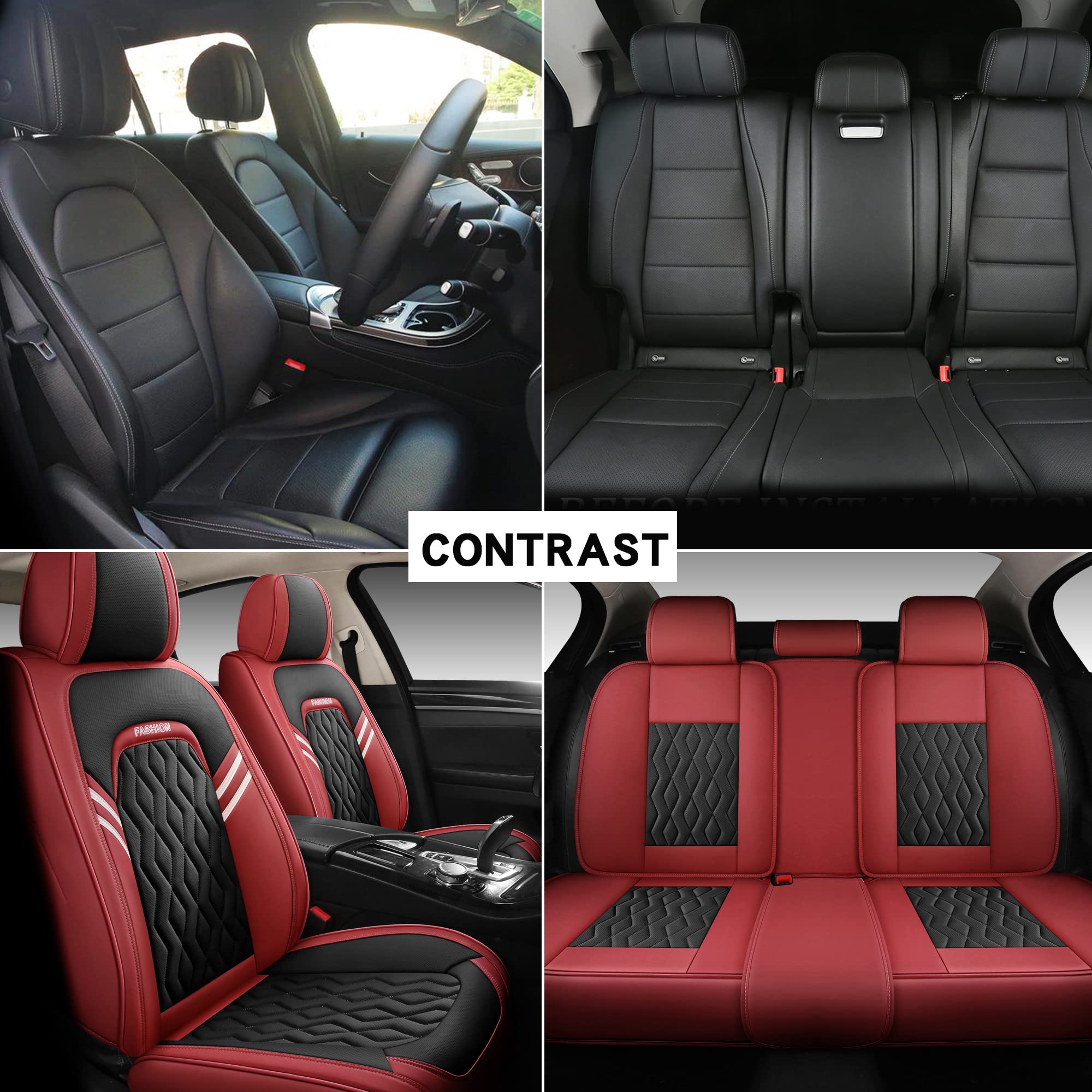 Universal BGYFDU02 5-Seater Full Set Car Seat Covers - Synthetic Leather, Airbag Compatible for Most Cars, SUVs, Trucks & Pickups (Black-Red) | Premium Protection & Style Upgrade for Daily Commute, Road Trips & Family Travel