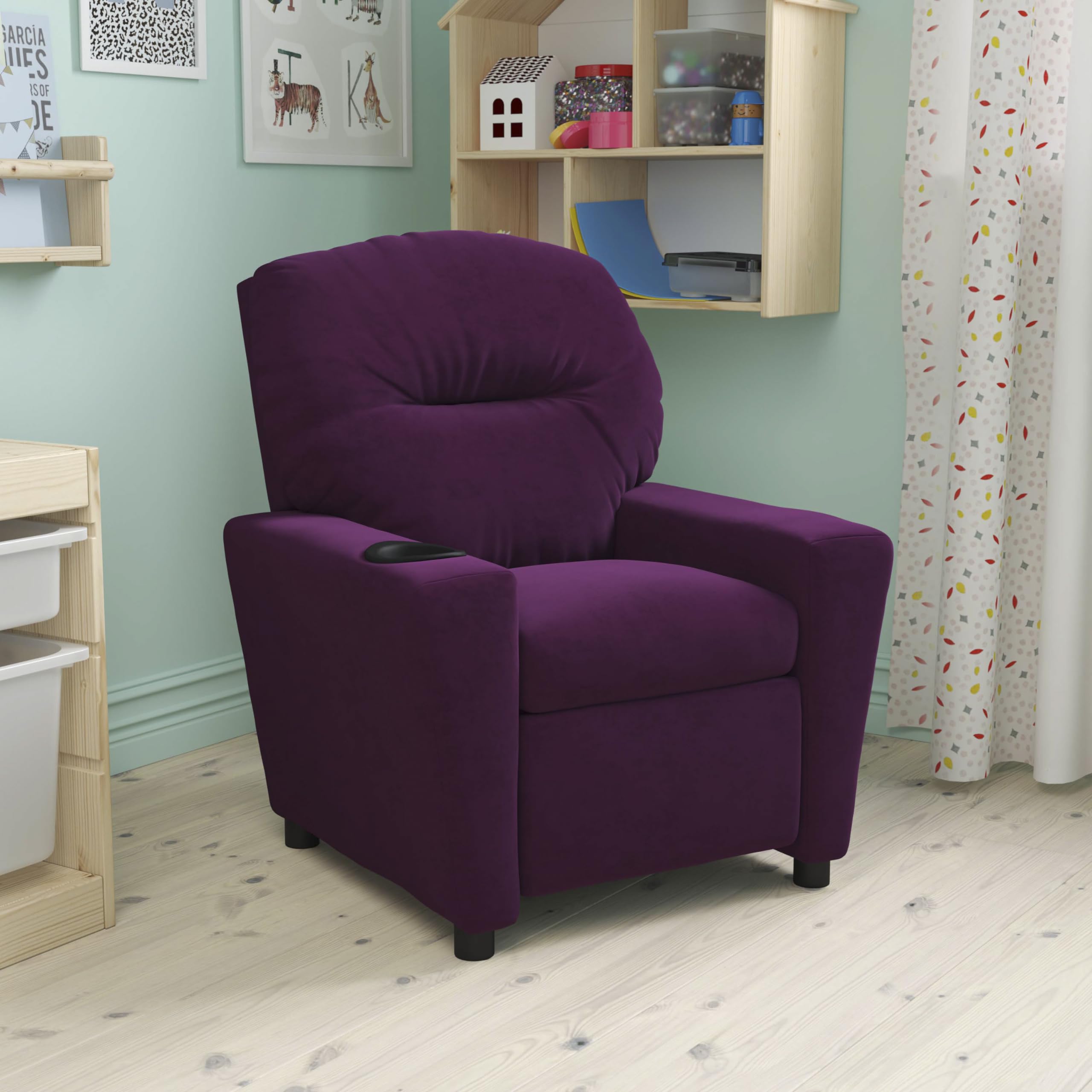 Emma & Oliver Purple Microfiber Kids Recliner Chair with Cup Holder - Comfortable Children's Lounge Chair for Bedroom, Playroom & TV Watching