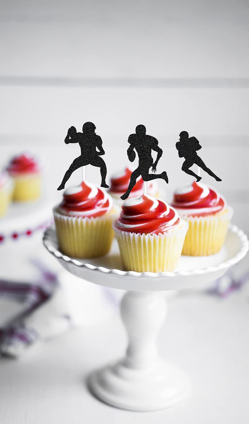 American Football & Rugby Cupcake Toppers - 24pcs Sports Themed Party Decorations for Men's Birthday, Black Glitter Ball Game Toppers - Perfect for Game Day Parties, Sports Themed Birthday Cakes, and Tailgating Events