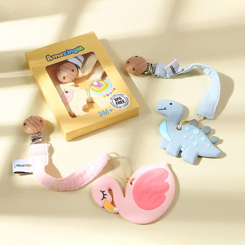 BPA-Free Baby Silicone Teether Toy with Pacifier Clip - Safe Teething Relief for Infants 3+ Months | Freezer Safe, Food Grade Material | Perfect Gift for Boys & Girls (Pink Flamingo) | Ideal for Soothing Sore Gums at Home or On-the-Go