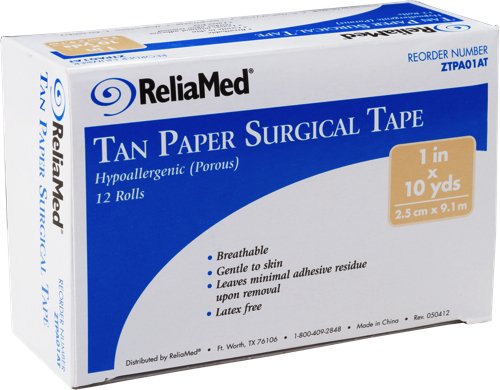 ReliaMed 1 Inch x 10 Yards Tan First Aid Paper Tape Roll - Latex-Free Medical Adhesive Bandage for Wound Care & Sports Injuries