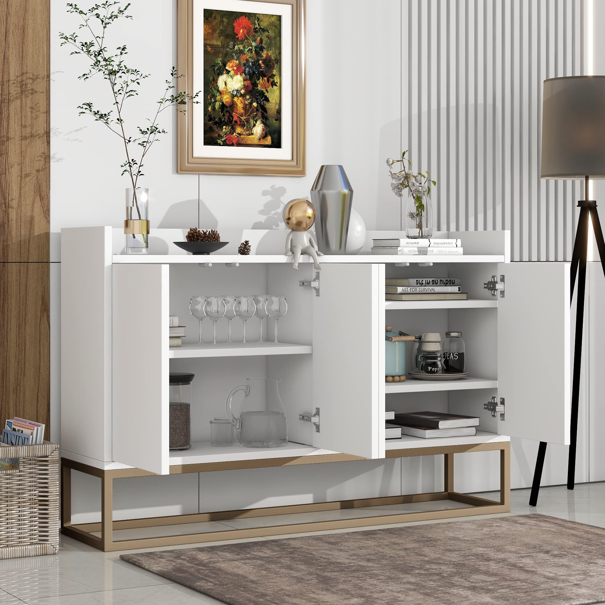 Modern Sideboard Buffet Cabinet with 4 Doors & Display Shelves - Elegant Storage Cupboard with Gold Metal Base for Dining Room, Entryway, Kitchen - Perfect for Home Organization & Stylish Display (White)