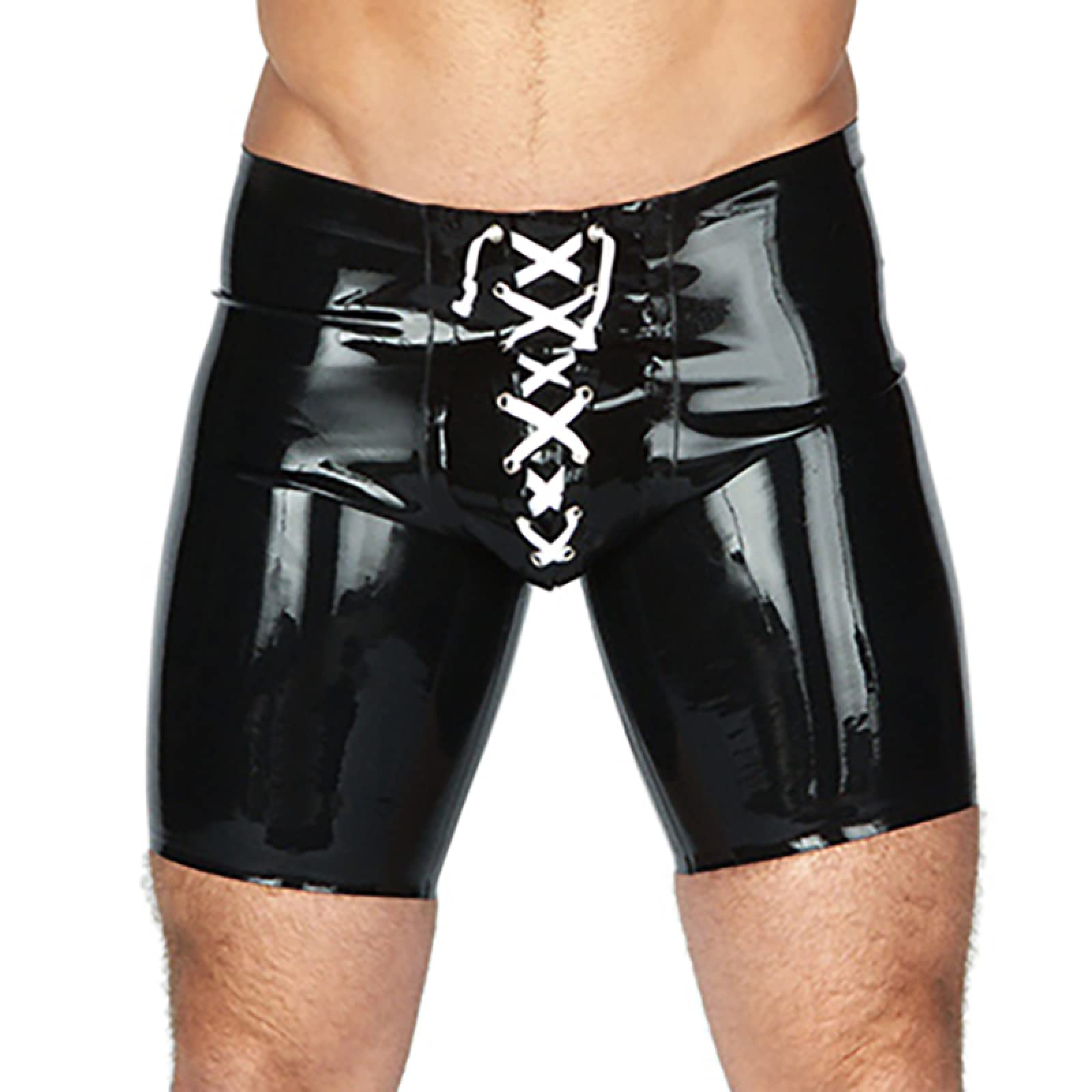 Sexy Black Latex Boxer Shorts for Men - Front Lace-Up Rubber Briefs Underwear for Sensual Wear & BDSM Play