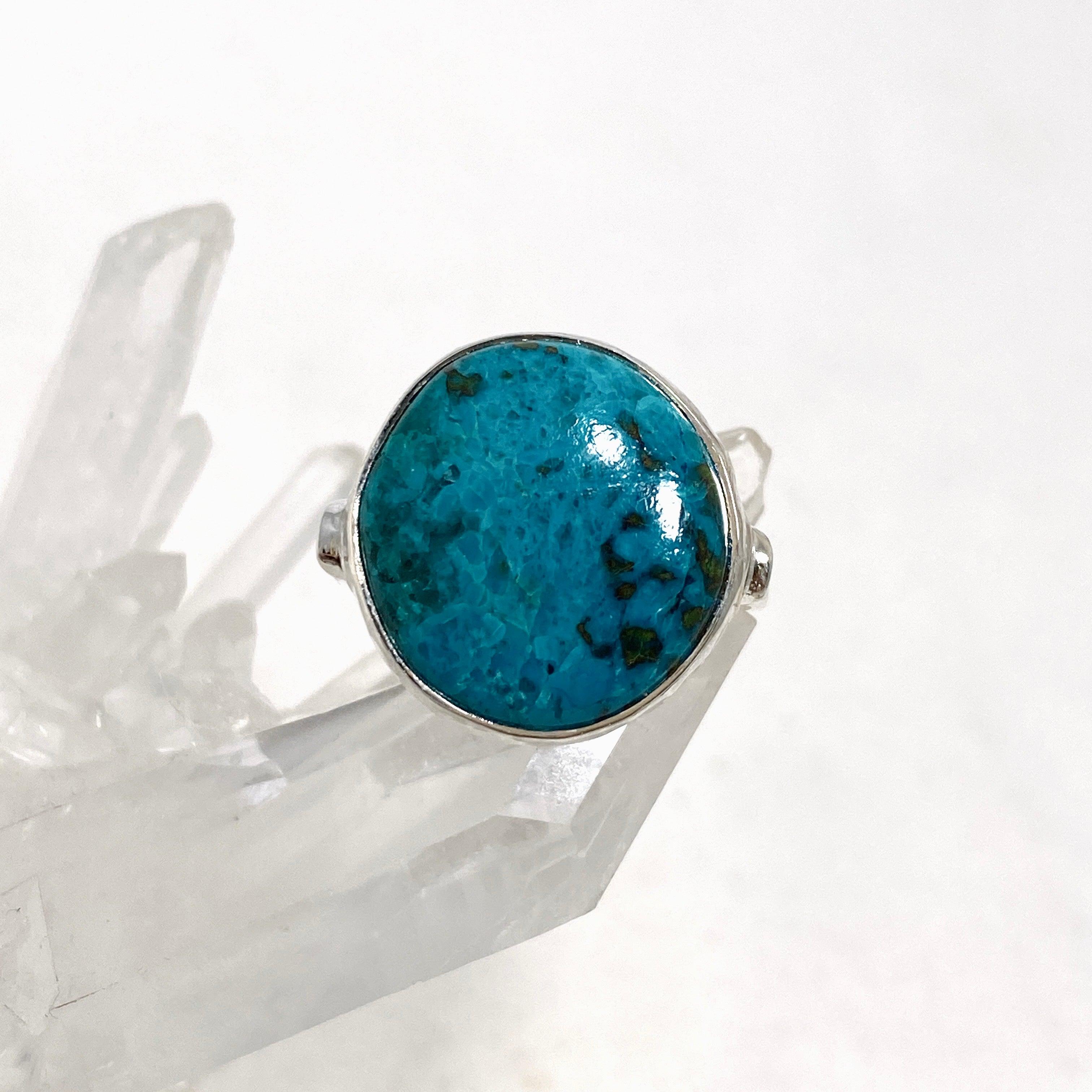 Chrysocolla Shattuckite Dioptase Round Ring - Size 9 Hammered Sterling Silver Band KRGJ3235 - Perfect for Boho Jewelry, Spiritual Healing & Unique Gift Giving