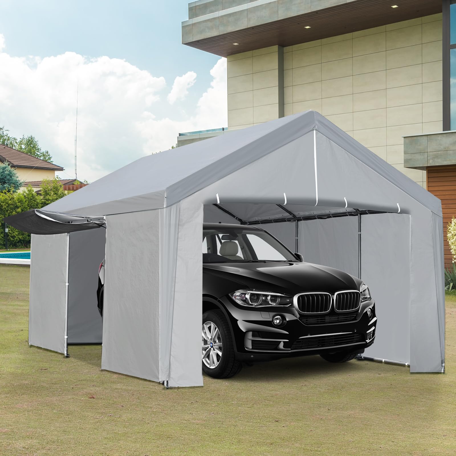 Heavy Duty 13'x20' Portable Carport Canopy - Grey Car Garage Shelter with Removable Sidewalls & Door for Truck Storage, Outdoor Parties & Vehicle Protection
