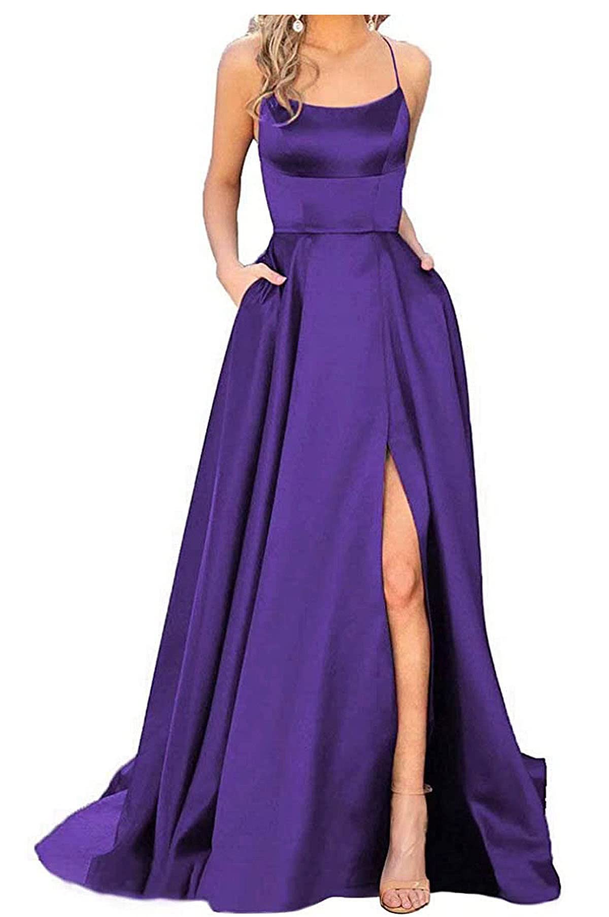 Elegant SYYJ Women's Spaghetti Strap Prom Dresses - Satin Long Backless Evening Gown with Pockets for Formal Events, Homecoming & Wedding Guest Dresses
