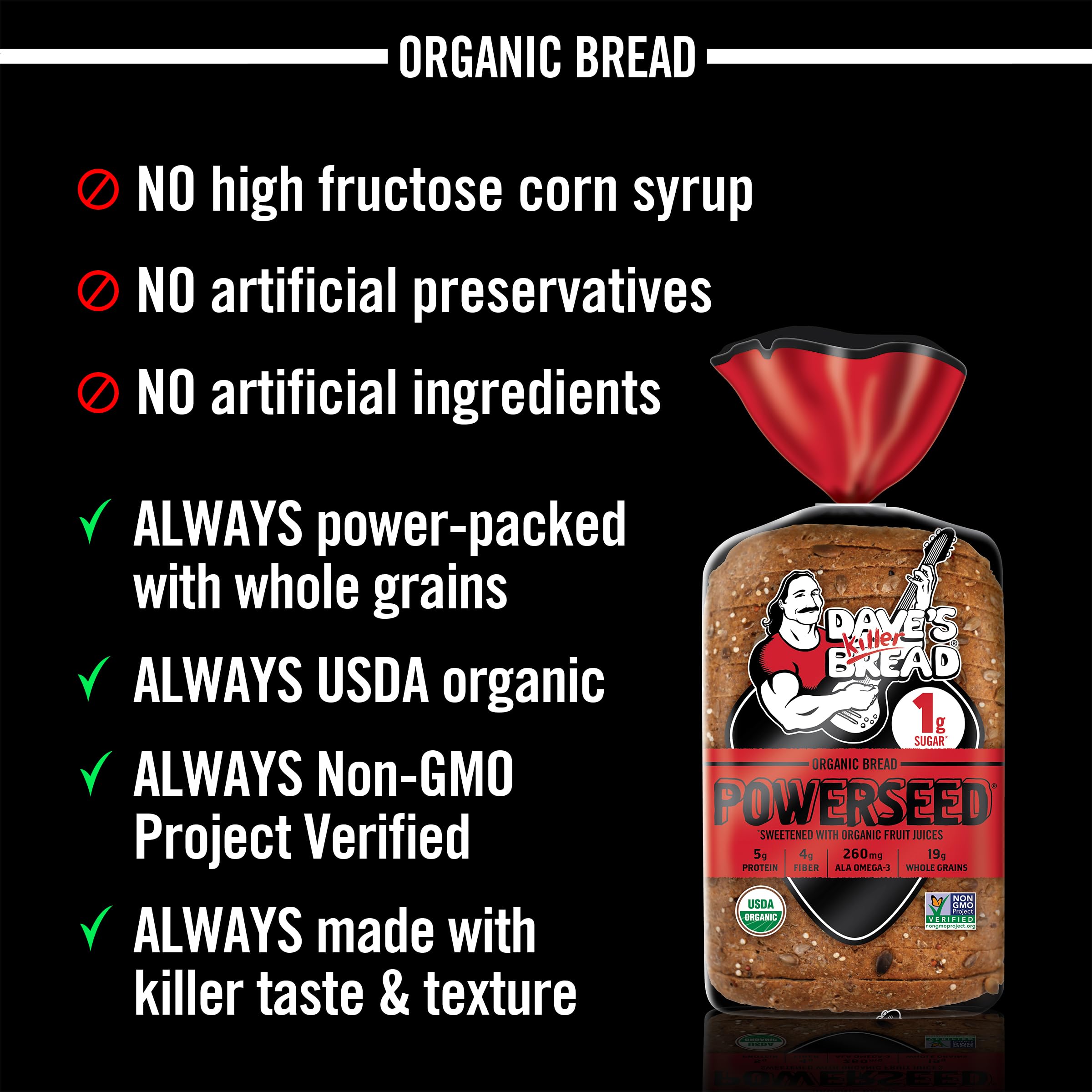 Dave's Killer Bread Powerseed Organic Bread - Seeded, 1g Sugar per Slice, 25oz Loaf | High Protein, Whole Grain Healthy Bread for Sandwiches, Toast & Breakfast