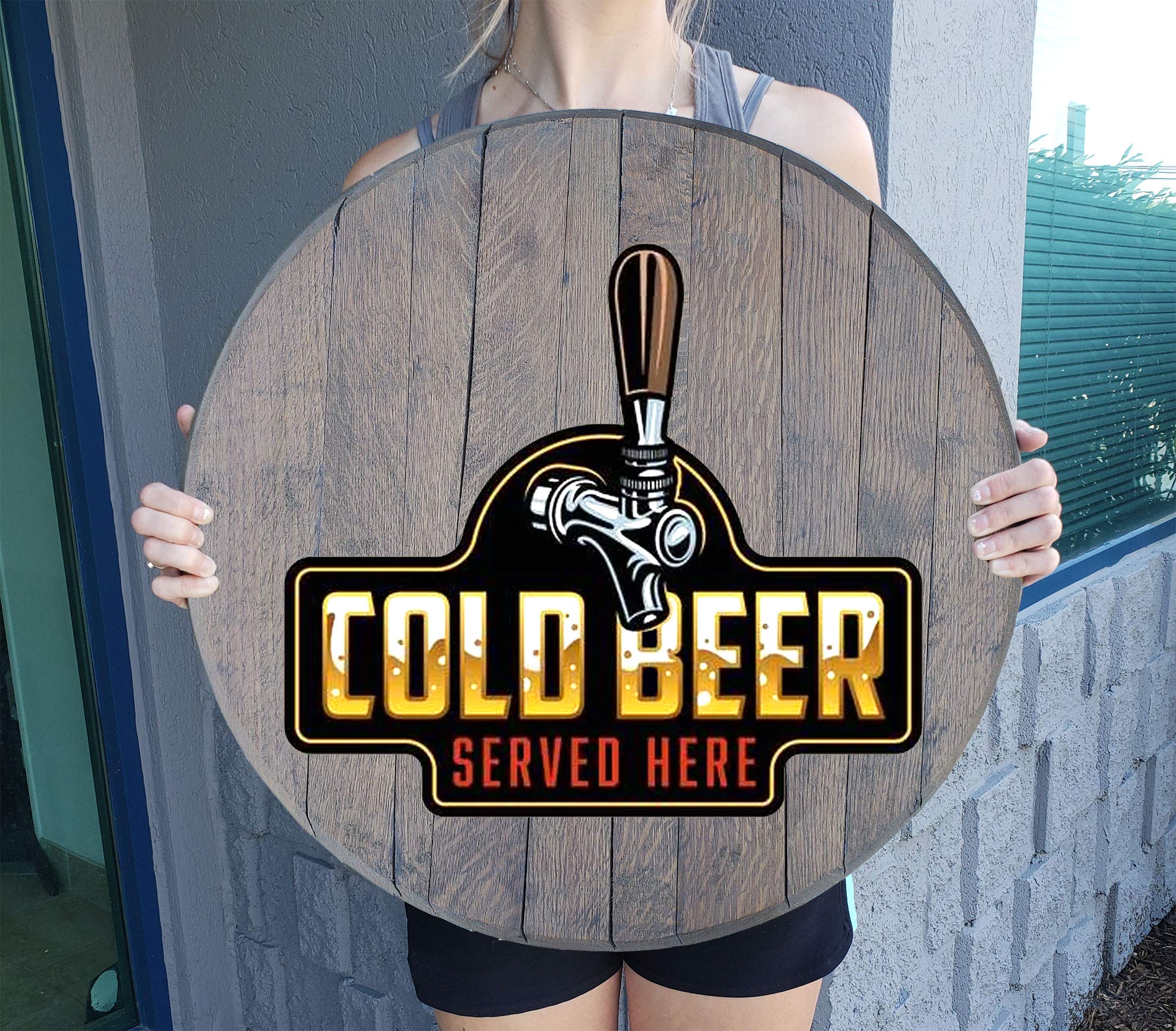 Rustic Cold Beer Served Here Bar Decor - Distressed Gray Barnwood Wall Art with Whiskey Barrel Lid Design - Perfect for Man Cave, Pub, Tavern & Home Bar Decorations
