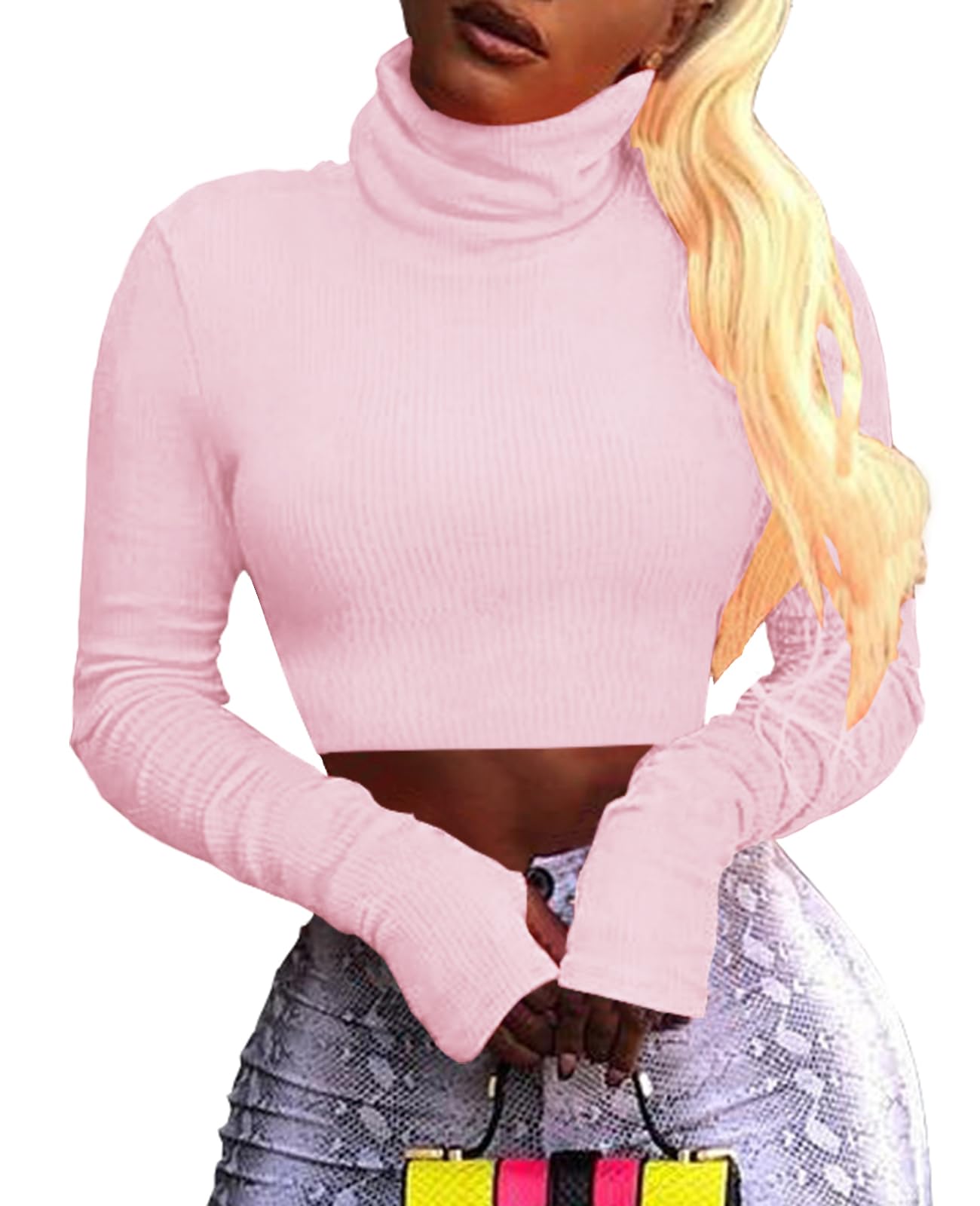 Artfish Women's Long Sleeve Turtleneck Crop Top - Neon Ribbed Half Tight Cropped Sweater Pullover for Casual Wear, Night Out & Street Fashion