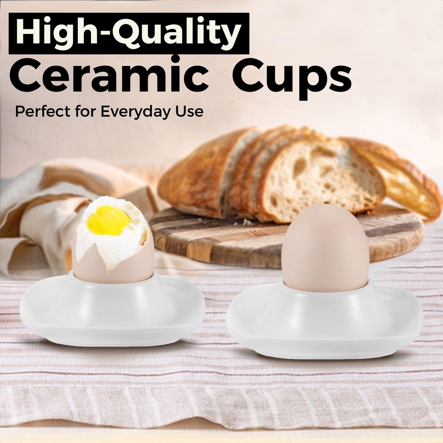 Flexzion Soft Boiled Egg Holder Set - 6 Pack Ceramic Egg Cups for Soft Boiled Eggs - Stackable British Style Egg Coddlers with Base - Perfect for Breakfast, Brunch & Elegant Dining Table Setting
